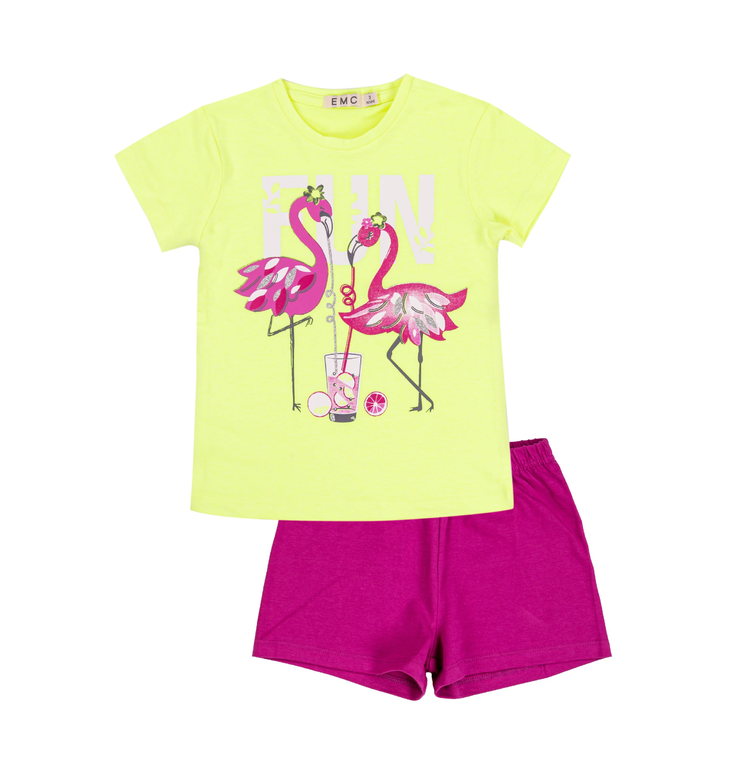 Completo Bimba EMC "Flamingo Fun" | T-shirt Giallo Fluo e Shorts Fucsia