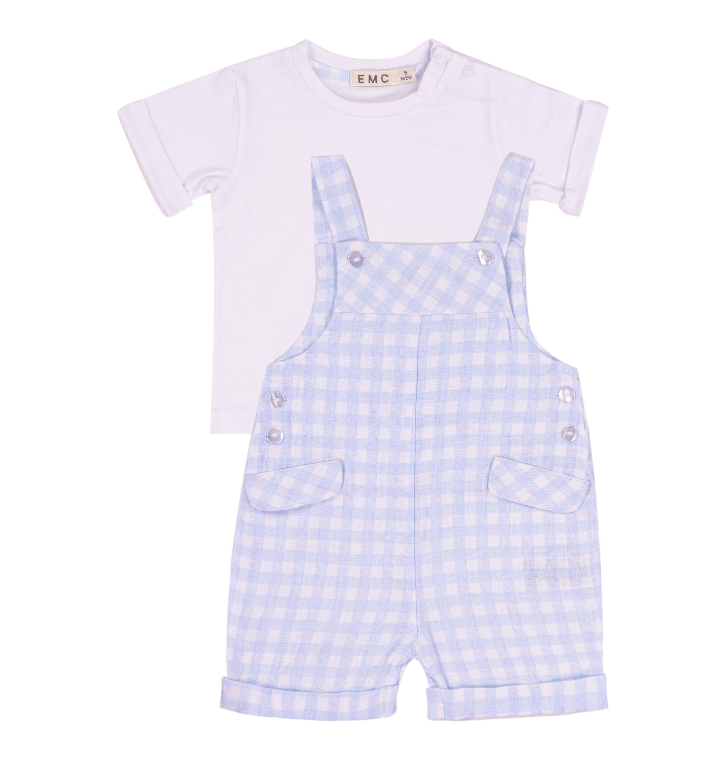 Completo Bimbo EMC "Vichy Style" | Salopette a Quadretti Azzurri e T-shirt