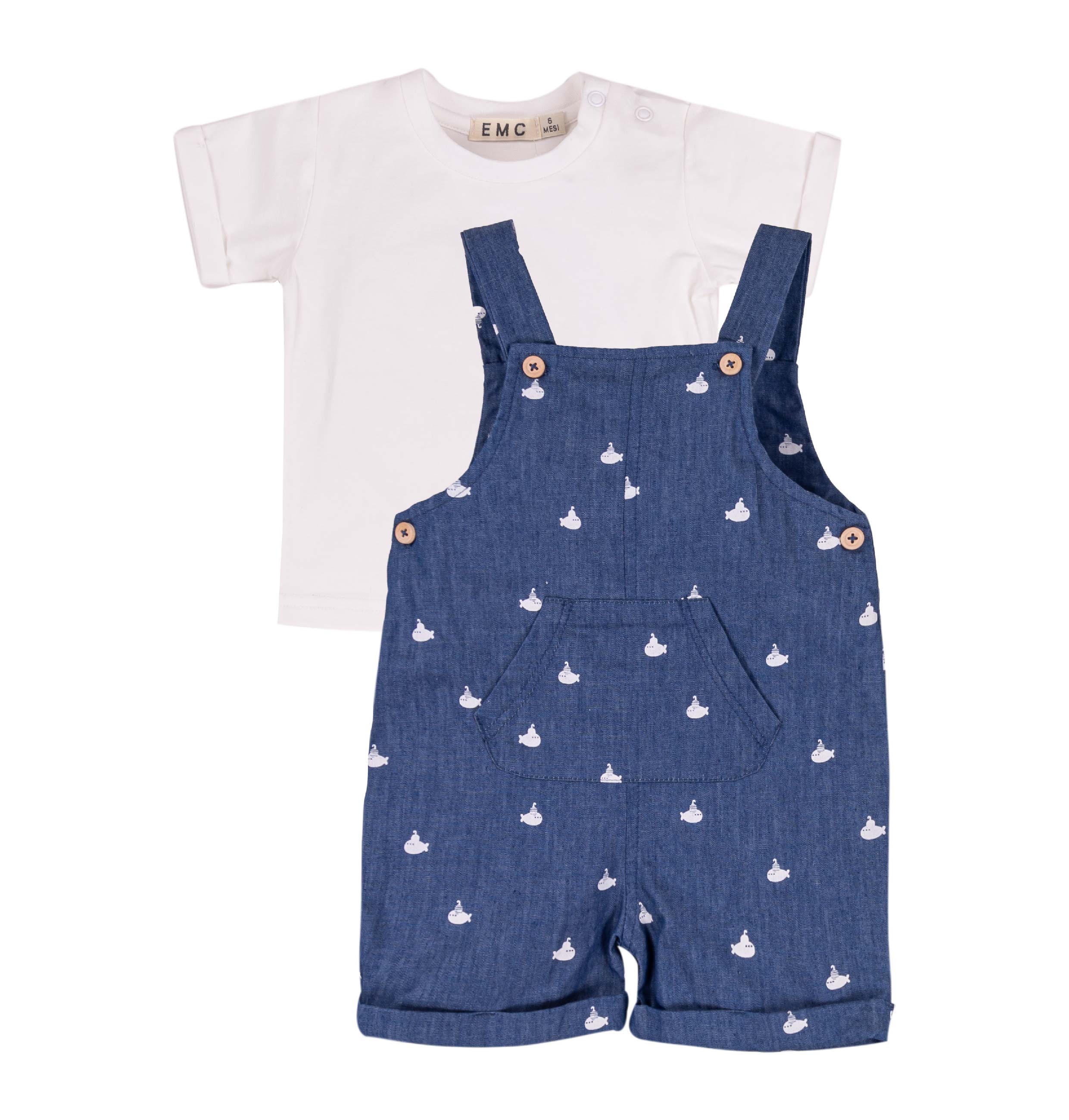 Completo Bimbo EMC "Piccolo Marinaio" | Salopette Blu con Sottomarini e T-shirt