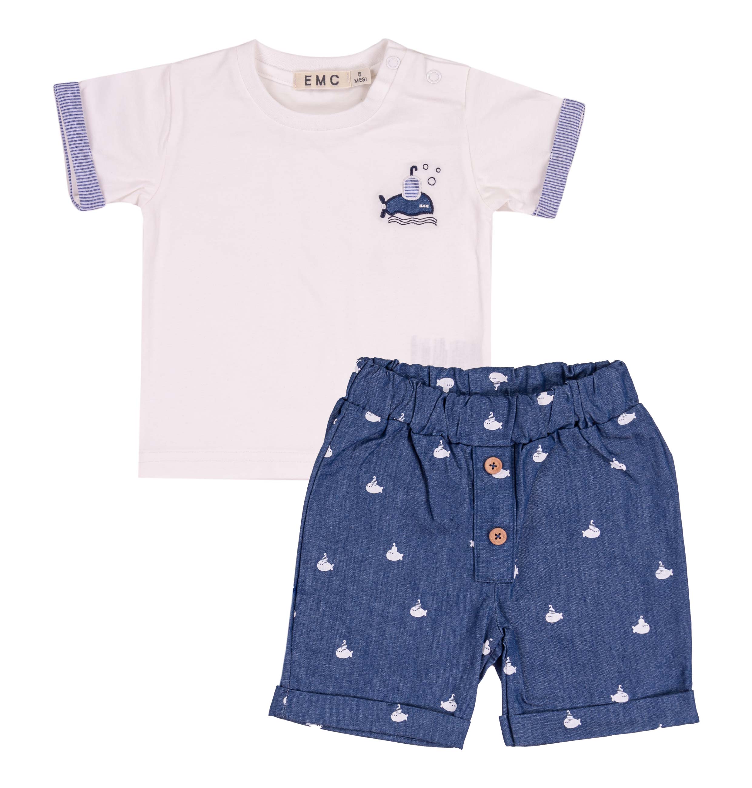Completo Bimbo EMC "Sottomarino" | T-shirt con Bordi a Righe e Shorts Blu