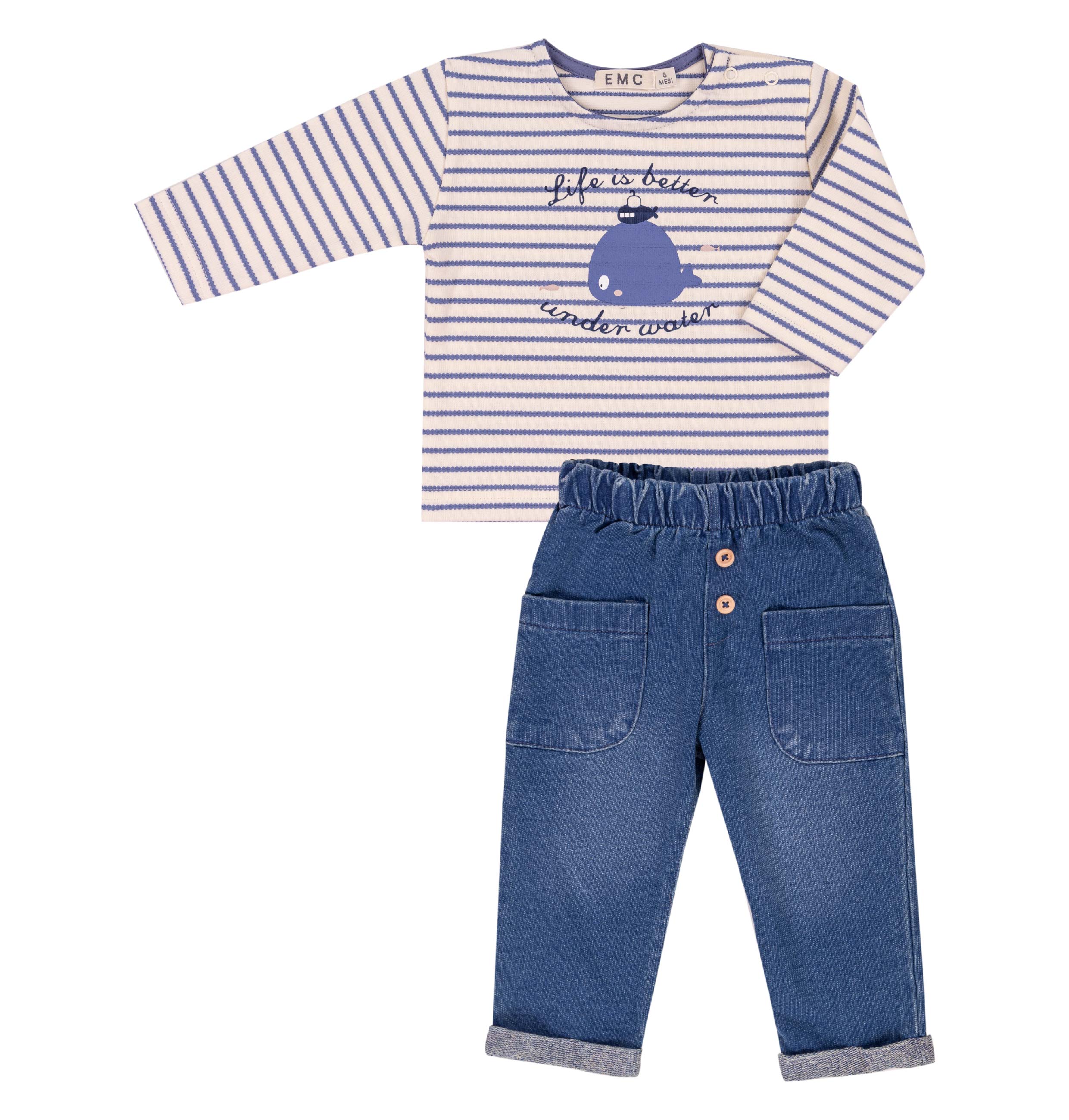 Completo Bambino Cotone Stretch con Maglia a Righe e Pantalone Jeans