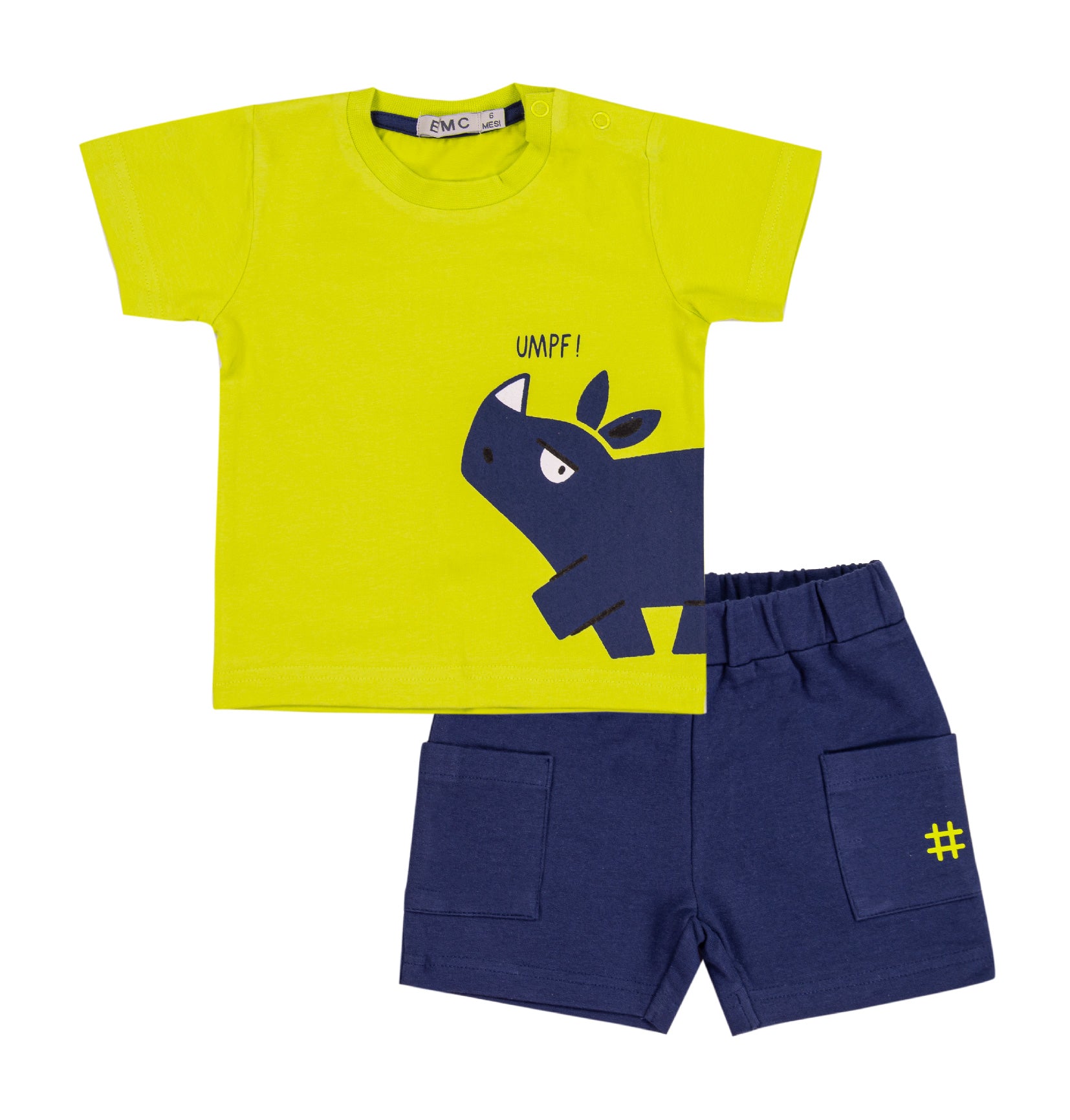 Completo Bimbo EMC | T-shirt Lime e Shorts Navy con Tasche