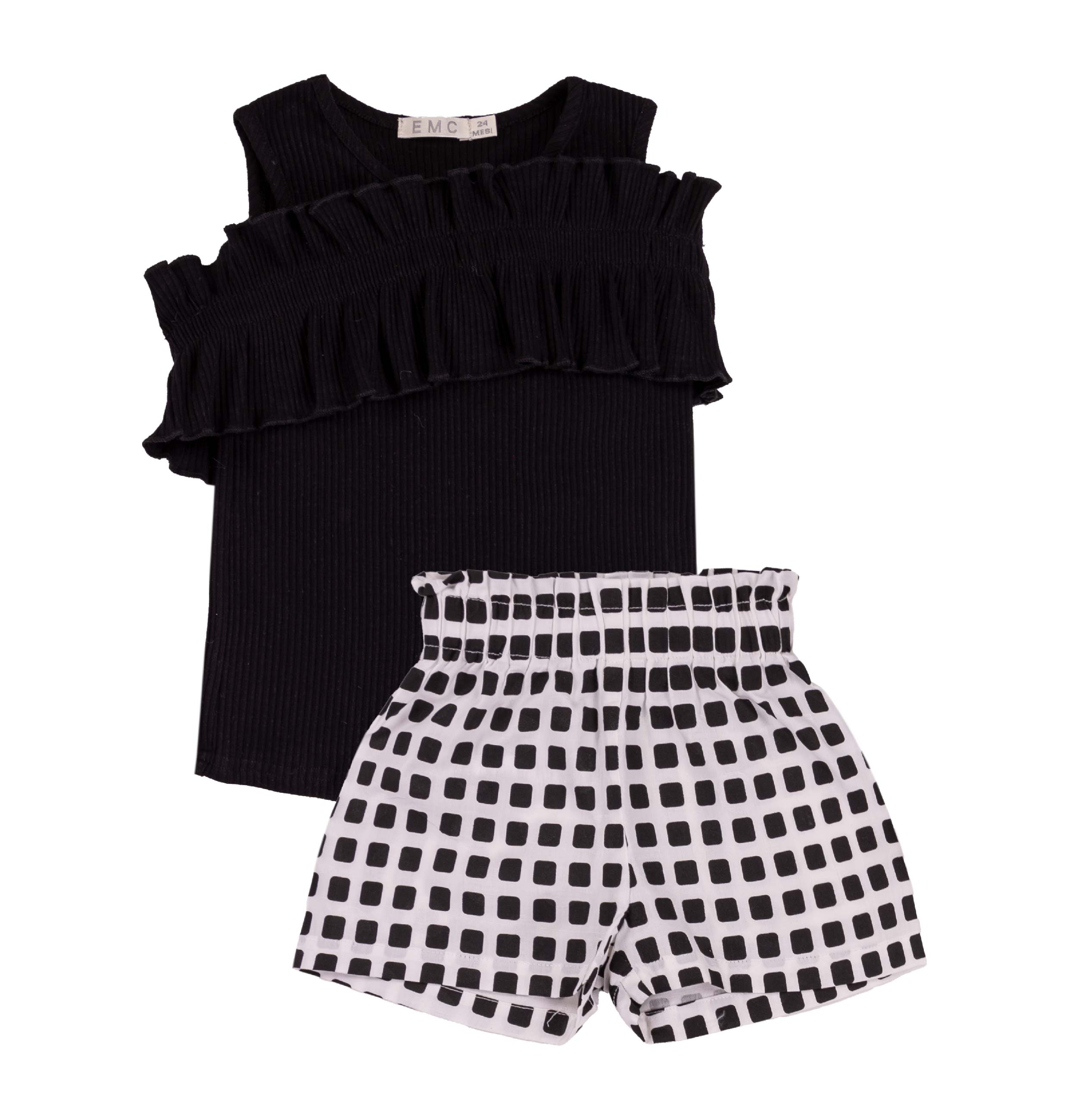 Completo Bimba EMC "Black & White Chic" | Top a Costine con Volant e Shorts a Scacchi