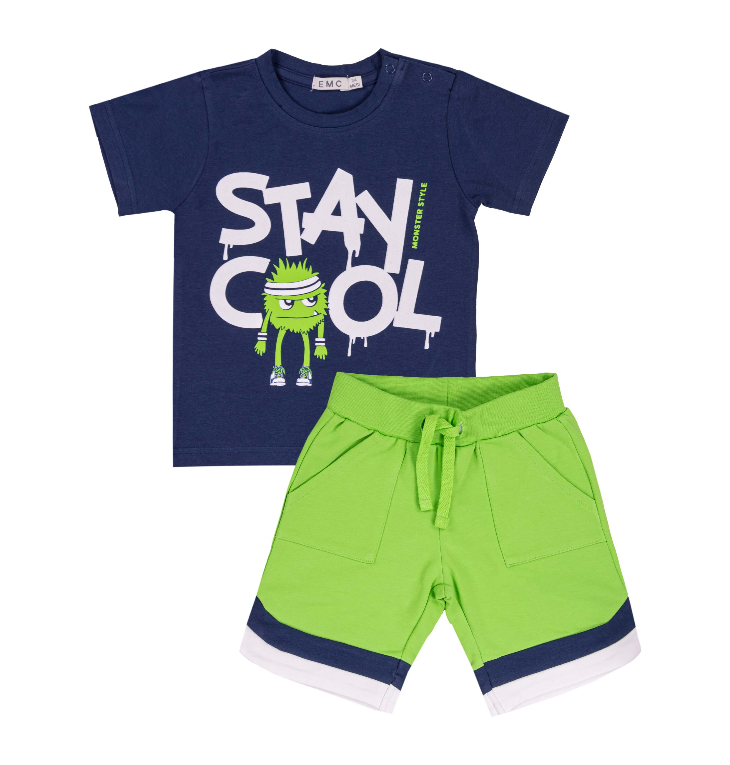 Completo Bimbo EMC "Stay Cool" | T-shirt Navy e Shorts Verdi con Coulisse