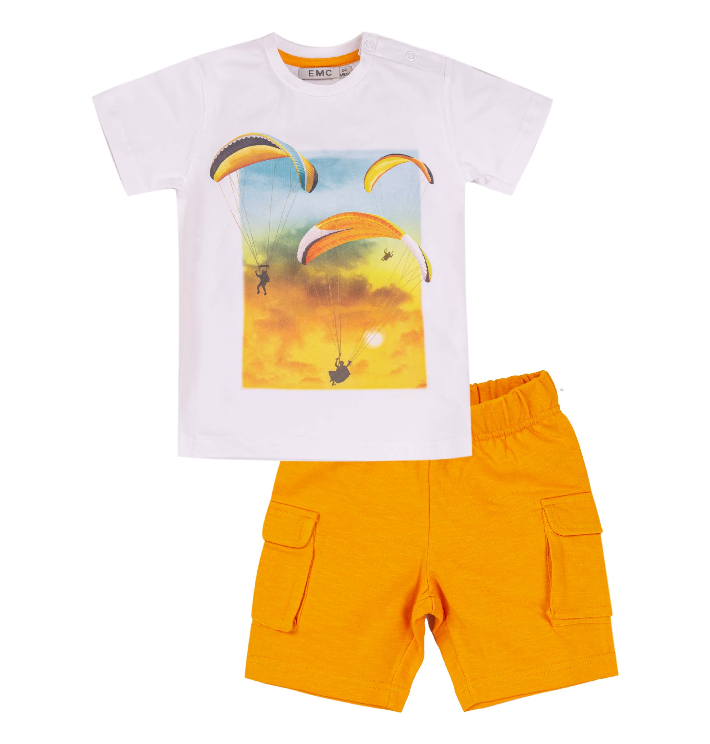 Completo Bimbo EMC 2 Pezzi | T-shirt Arancione e Pantaloni Cargo bianchi