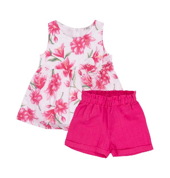 Completo Bimba EMC "Summer Blooms" | Top Floreale Svasato e Shorts Fucsia