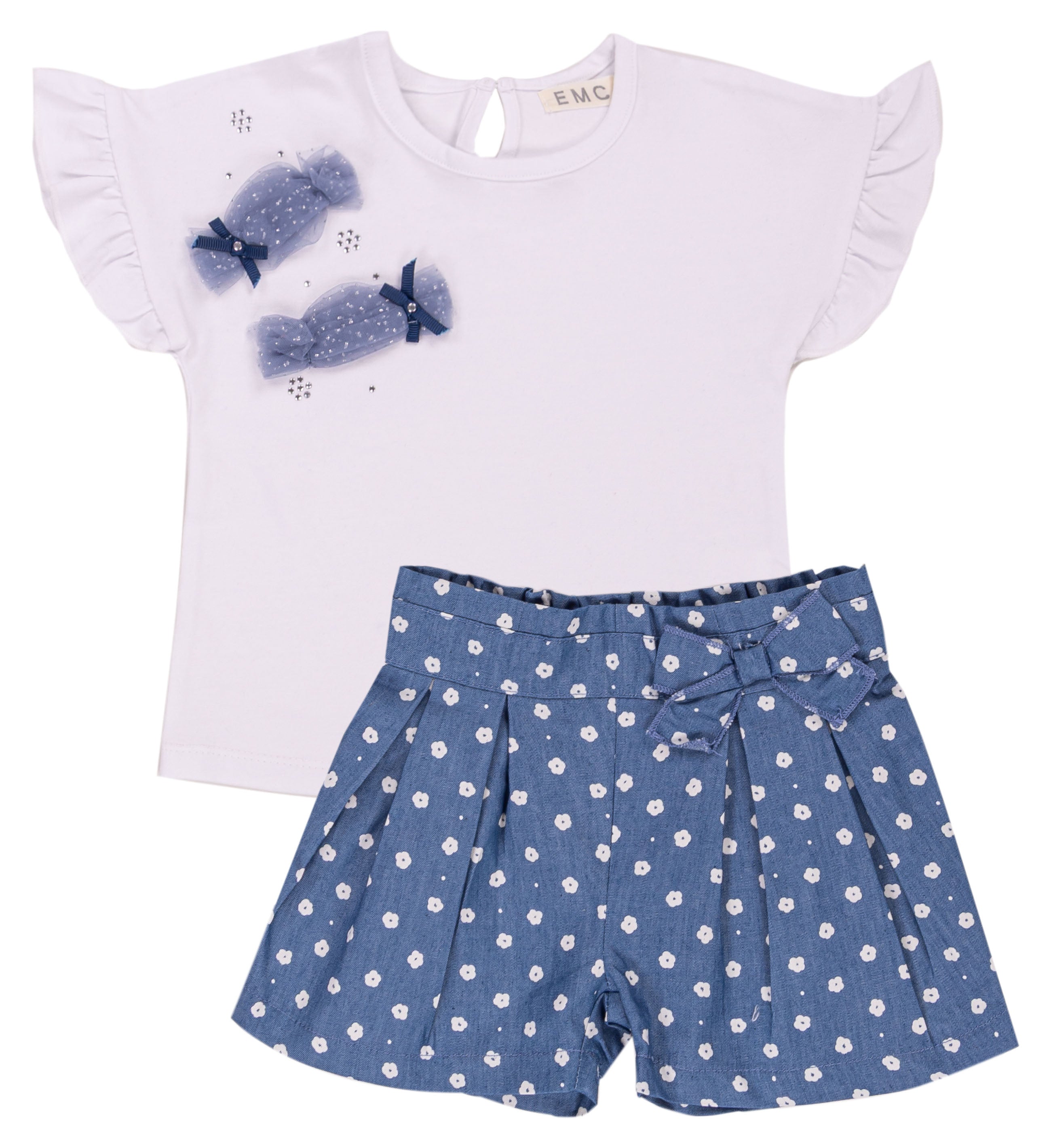 Completo Estivo Bimba Bianco e Blu con Applicazioni Caramella e Fiocco