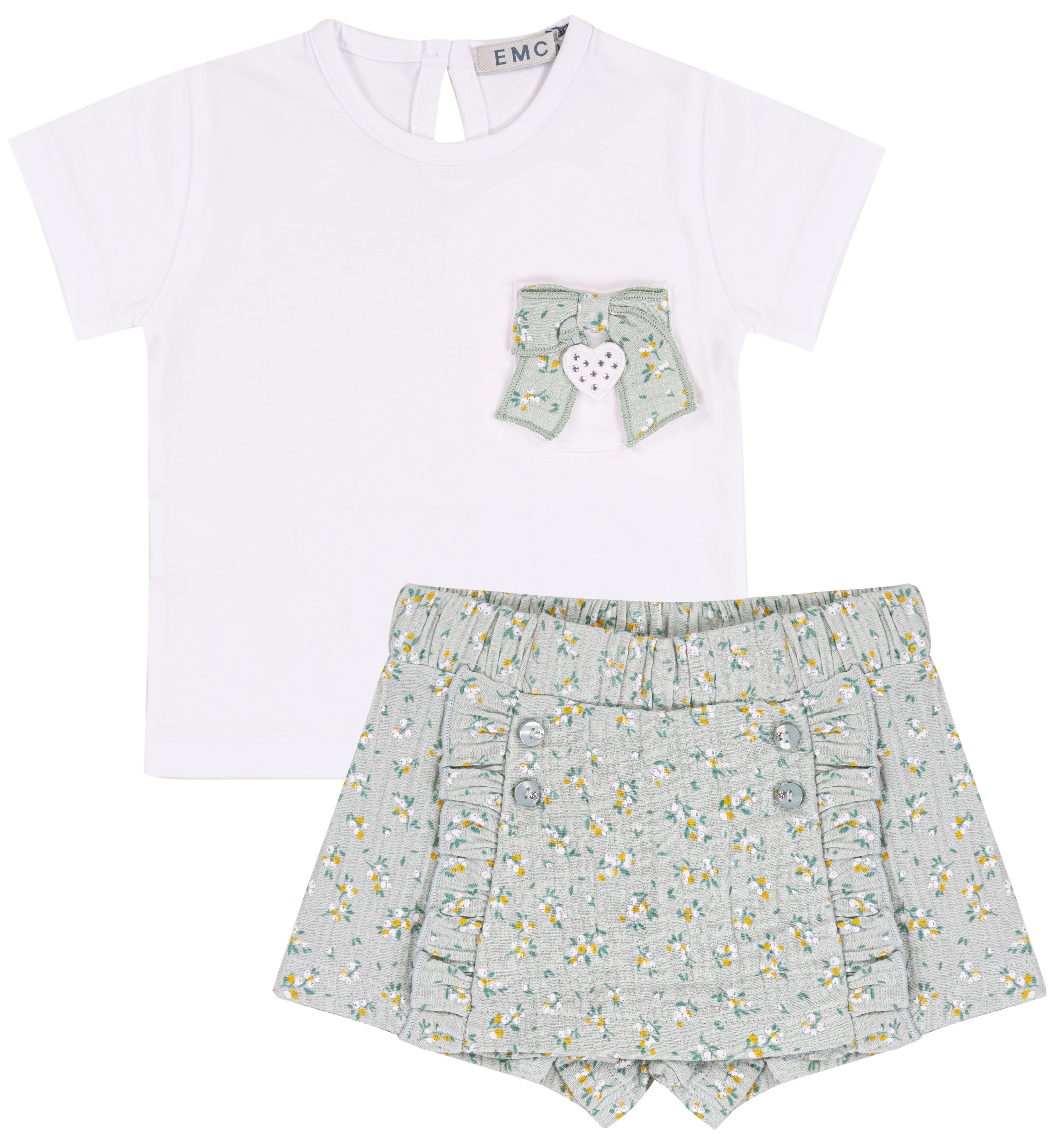 Completo Estivo Bambina in Cotone con Short Floreale e Fiocco