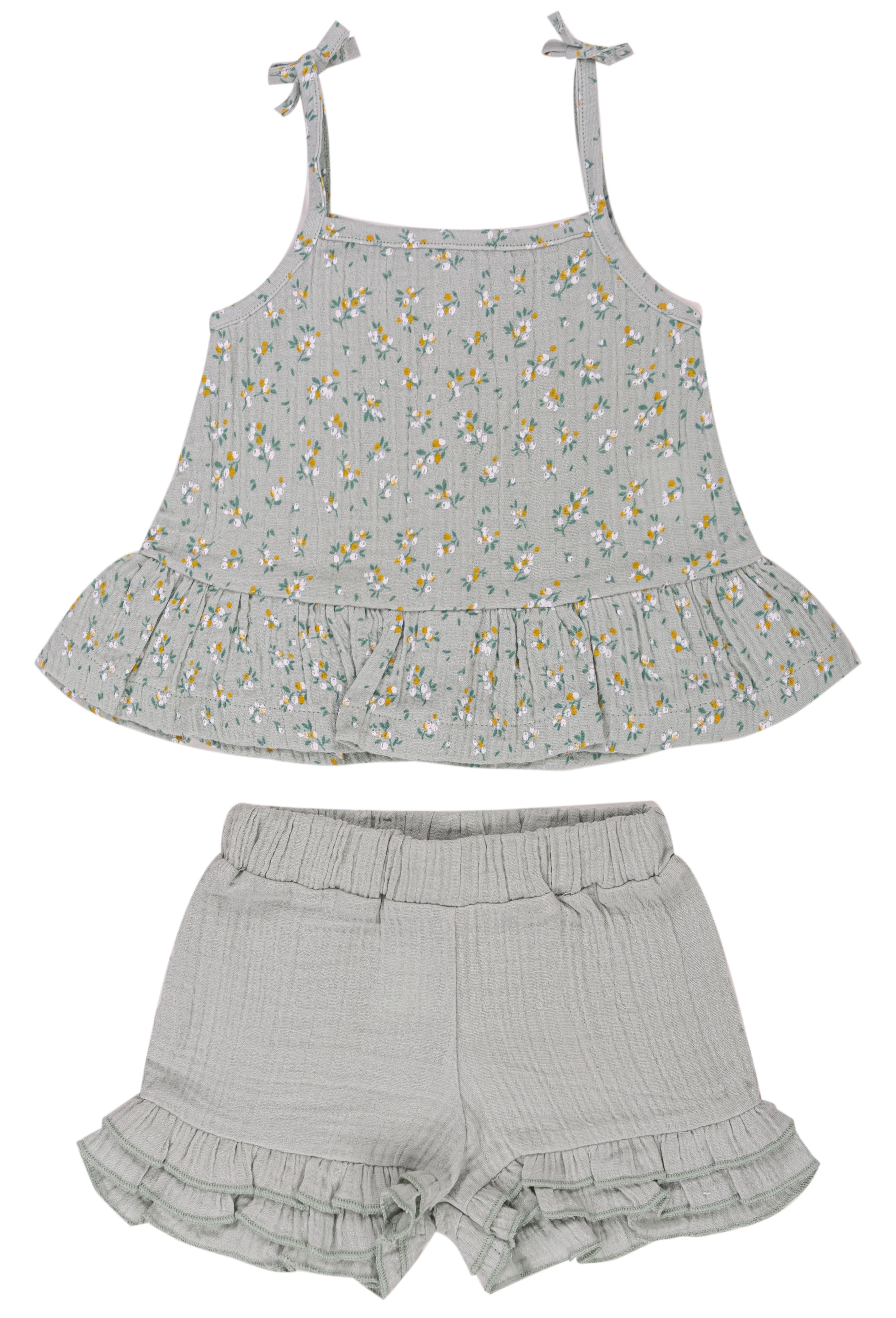 Completo Estivo Bambina in Cotone con Stampa Floreale e Volant