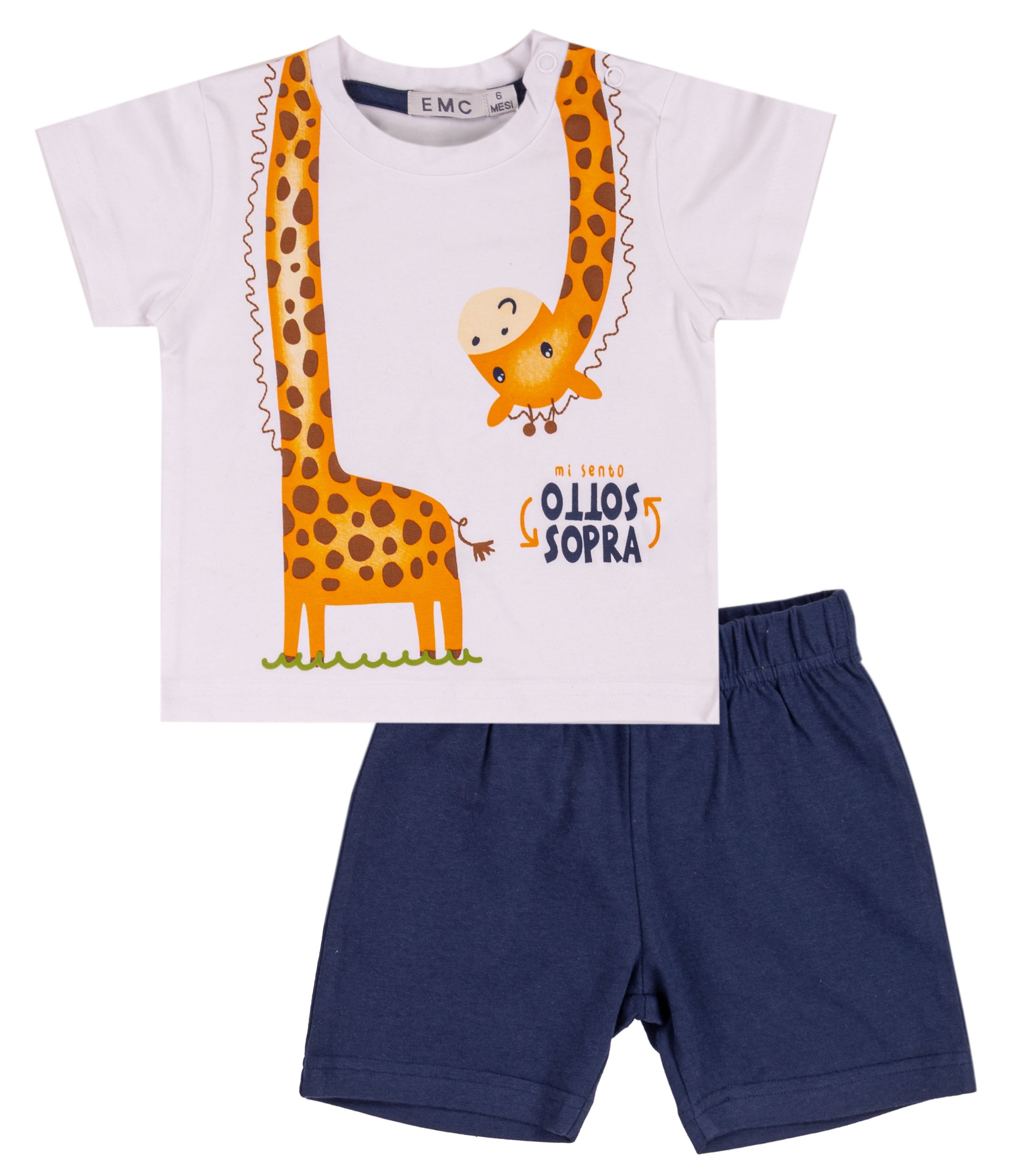 Completo Estivo Bambino Bianco e Blu Navy con Grafica Giraffa "Sottosopra"