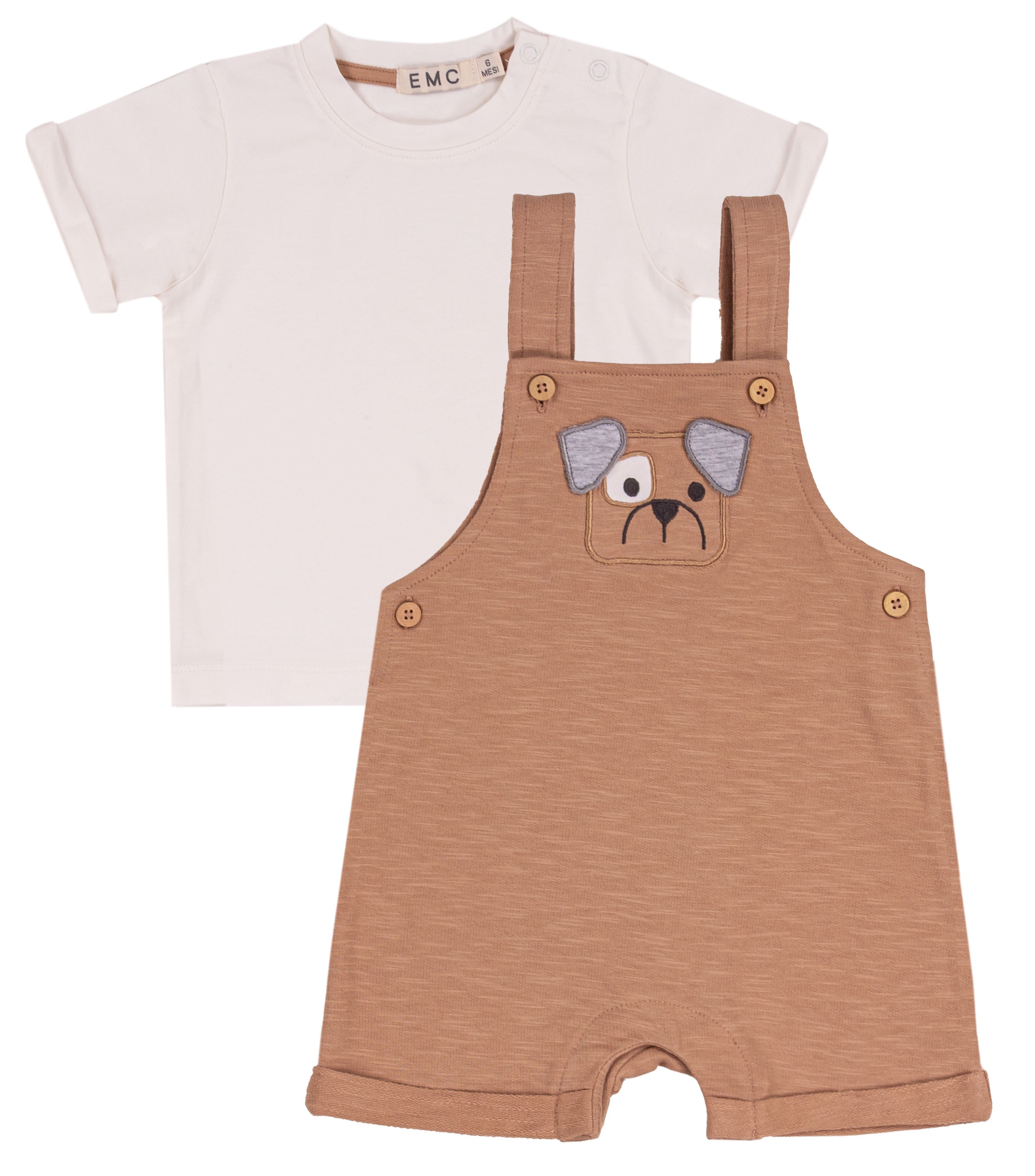 Completo Bambino Bianco e Nocciola con T-shirt e Salopette Corta "Puppy"