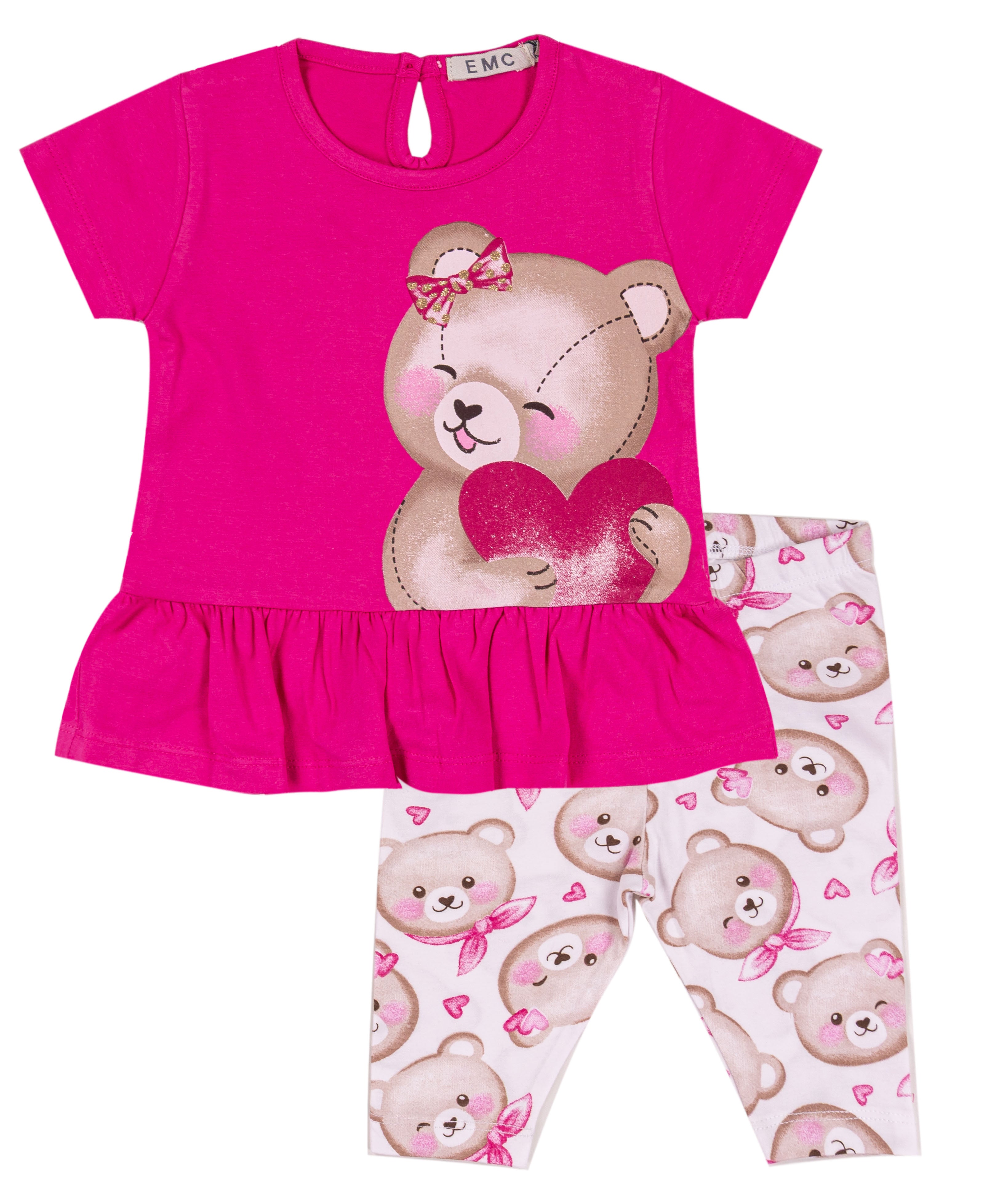 Completo Estivo Bambina in Cotone Elasticizzato con Orsetto e Cuore