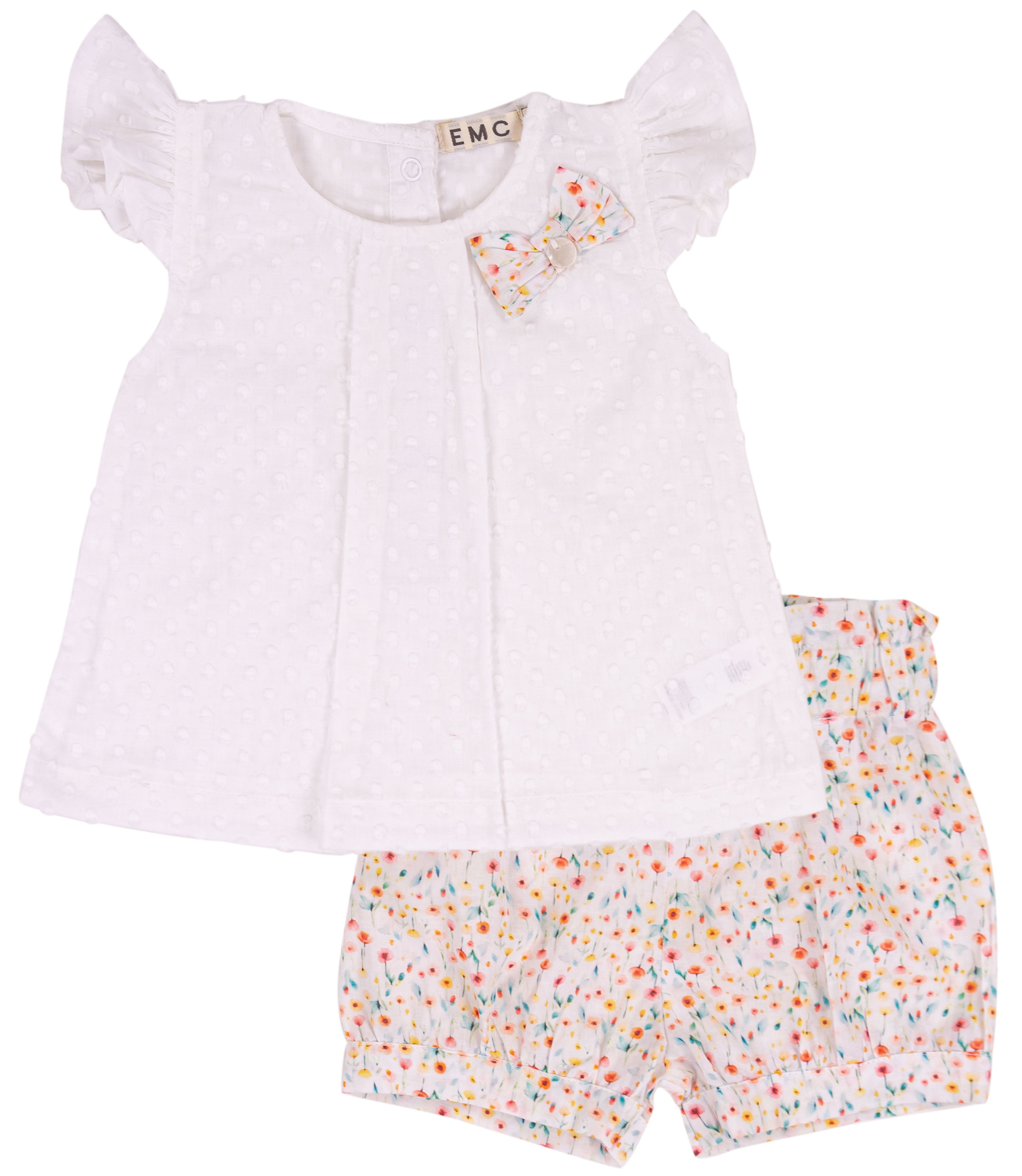 Completo Estivo Bimba Bianco e Floreale in Cotone Plumetis con Fiocco
