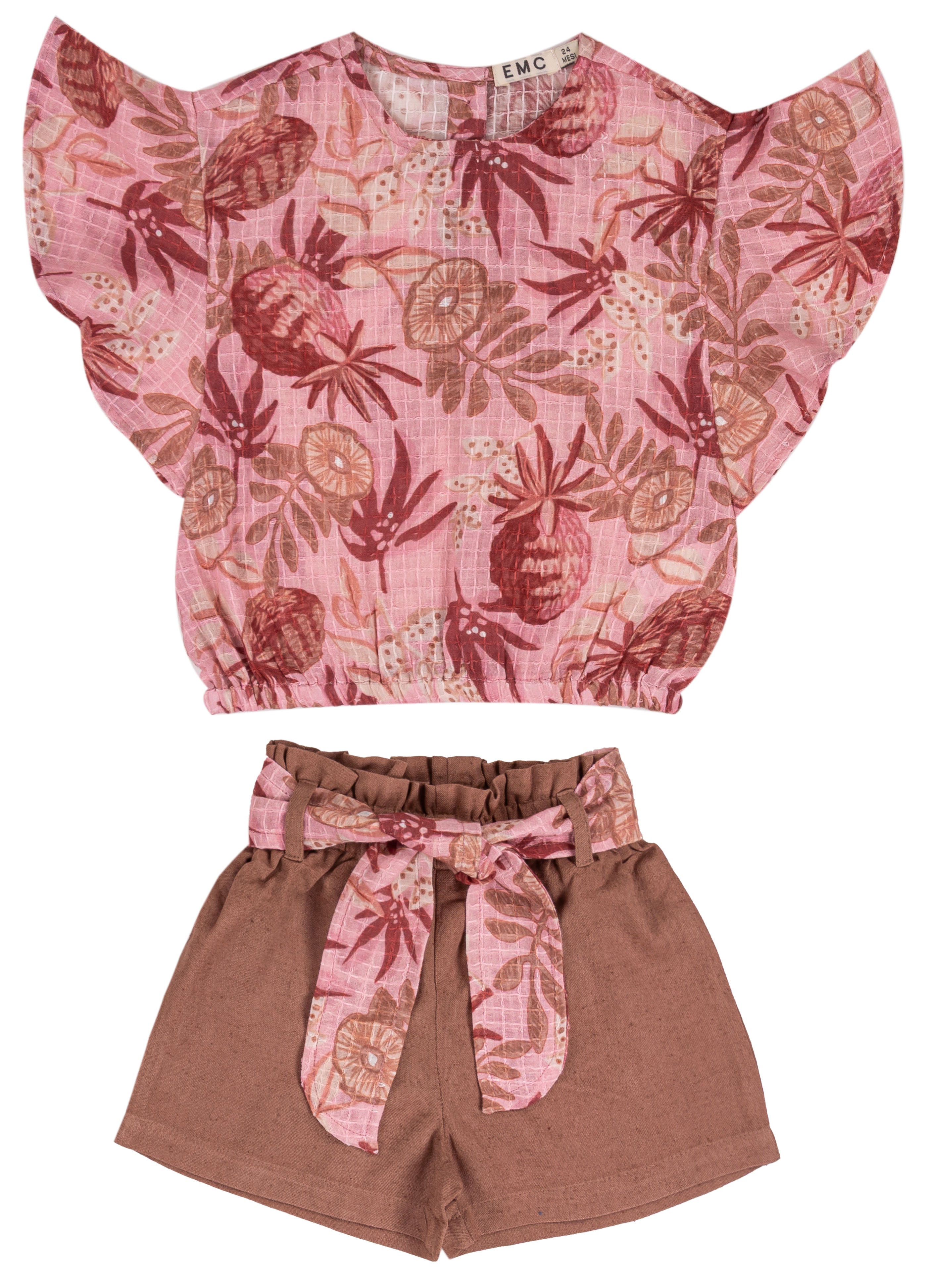 Completo Estivo Bambina in Cotone con Stampa Tropicale e Fiocco
