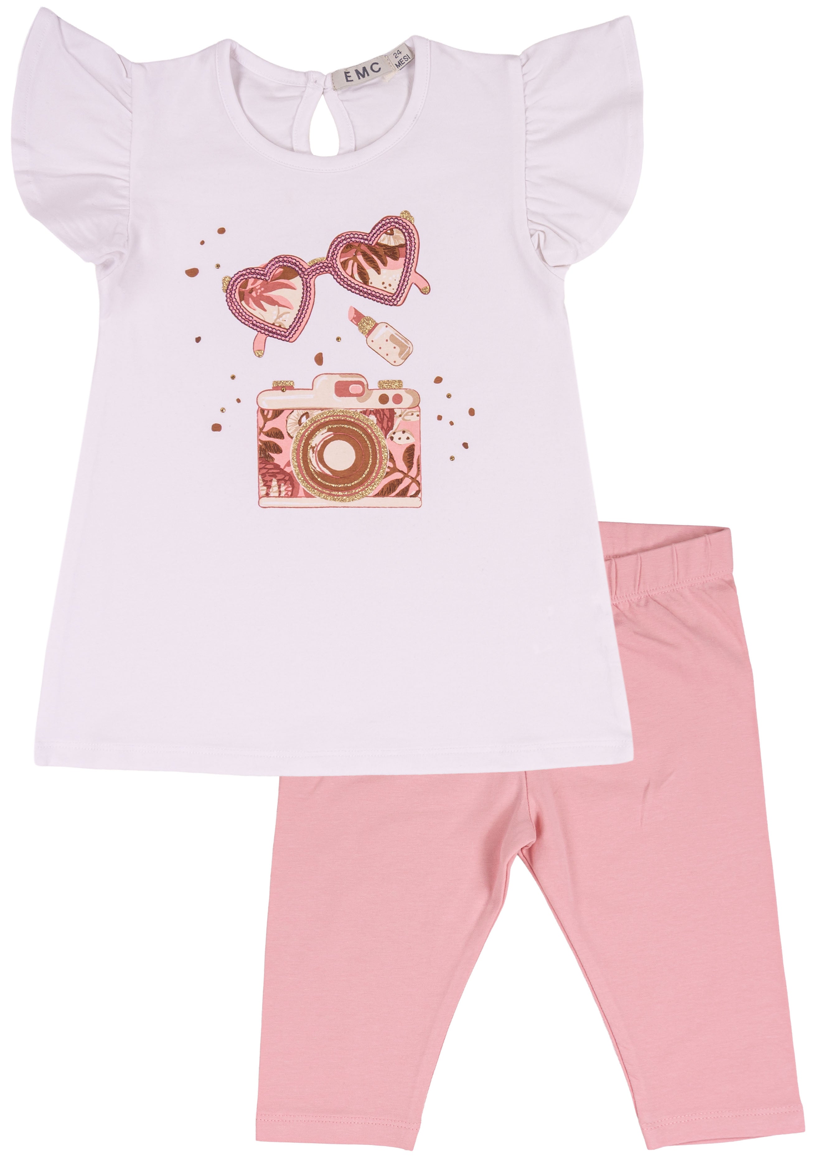 Completo Bimba Bianco e Rosa con T-shirt "Glamour" e Leggings