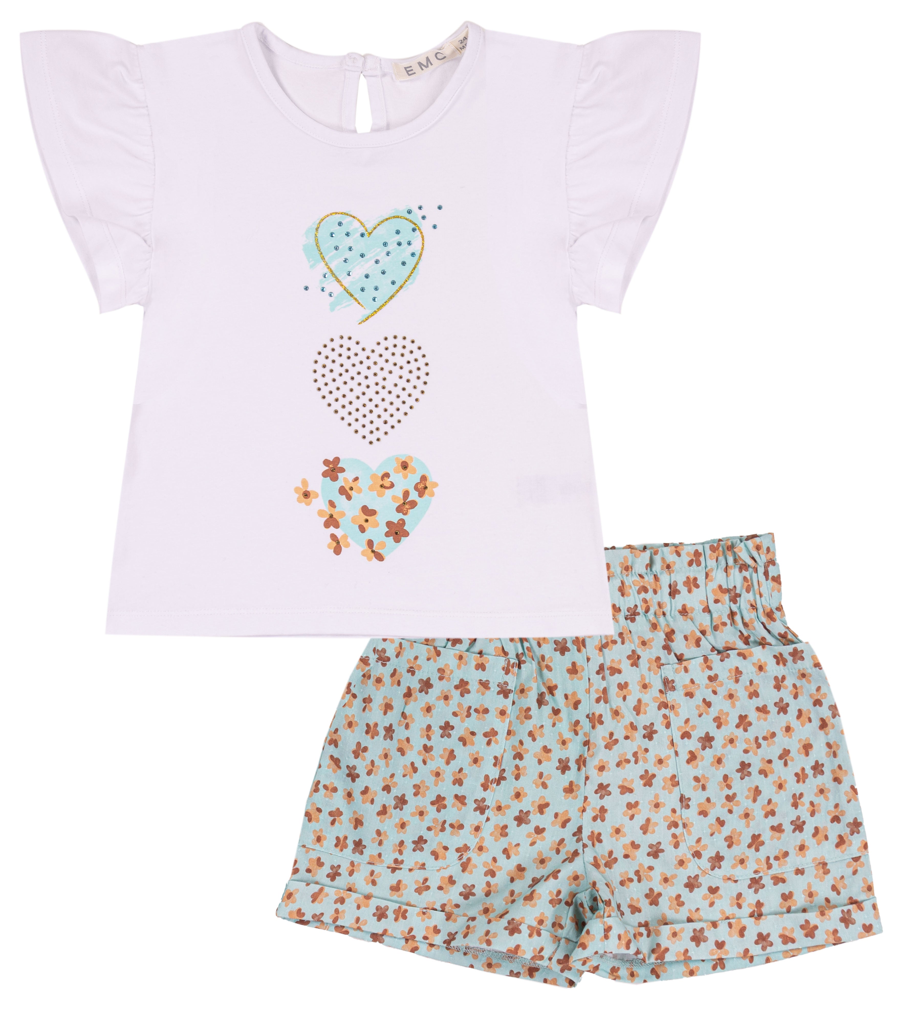 Completo Estivo Bambina con Cuori e Pantaloncini Floreali