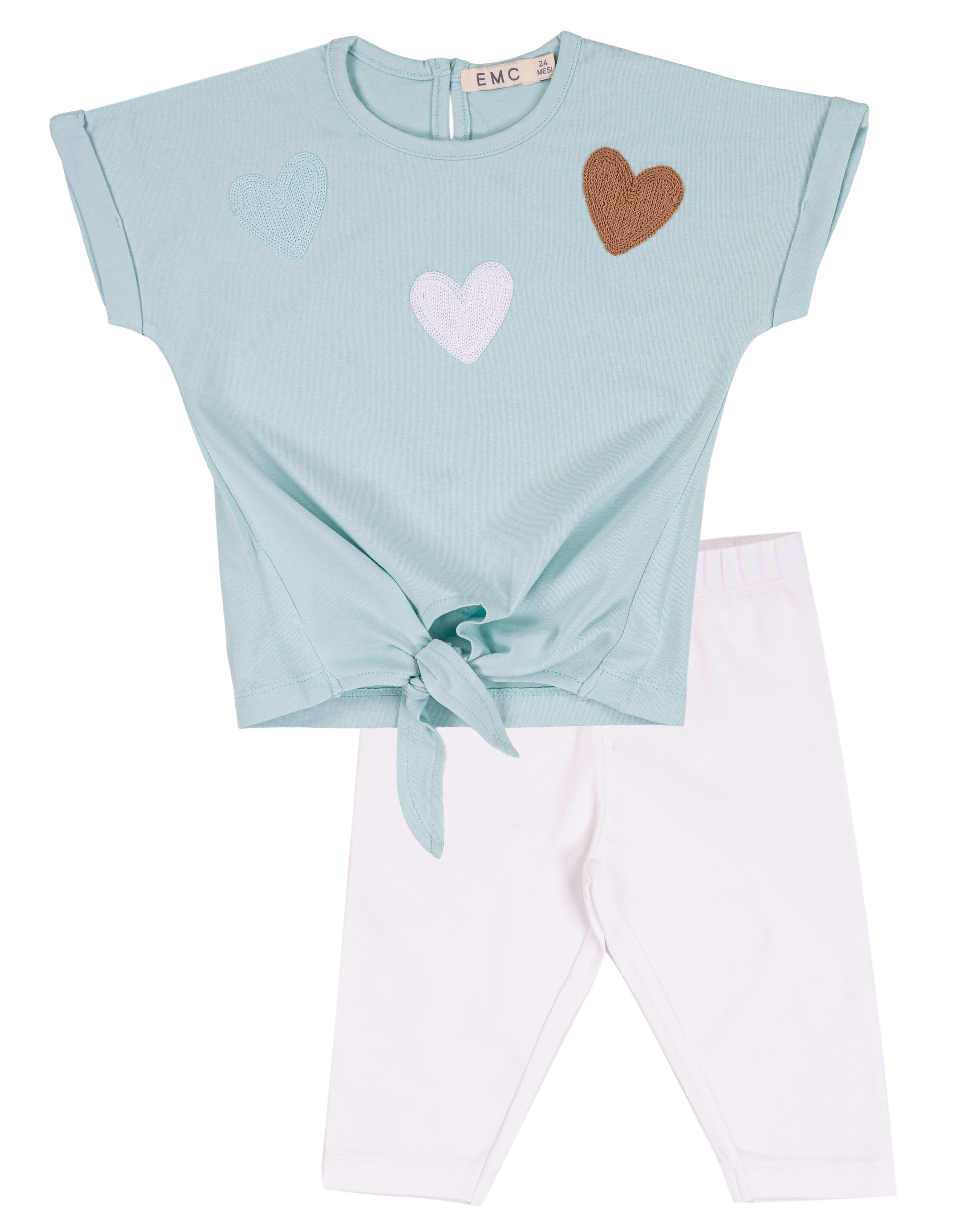 Completo Estivo Bambina Tiffany e Bianco con T-shirt Annodata e Cuori