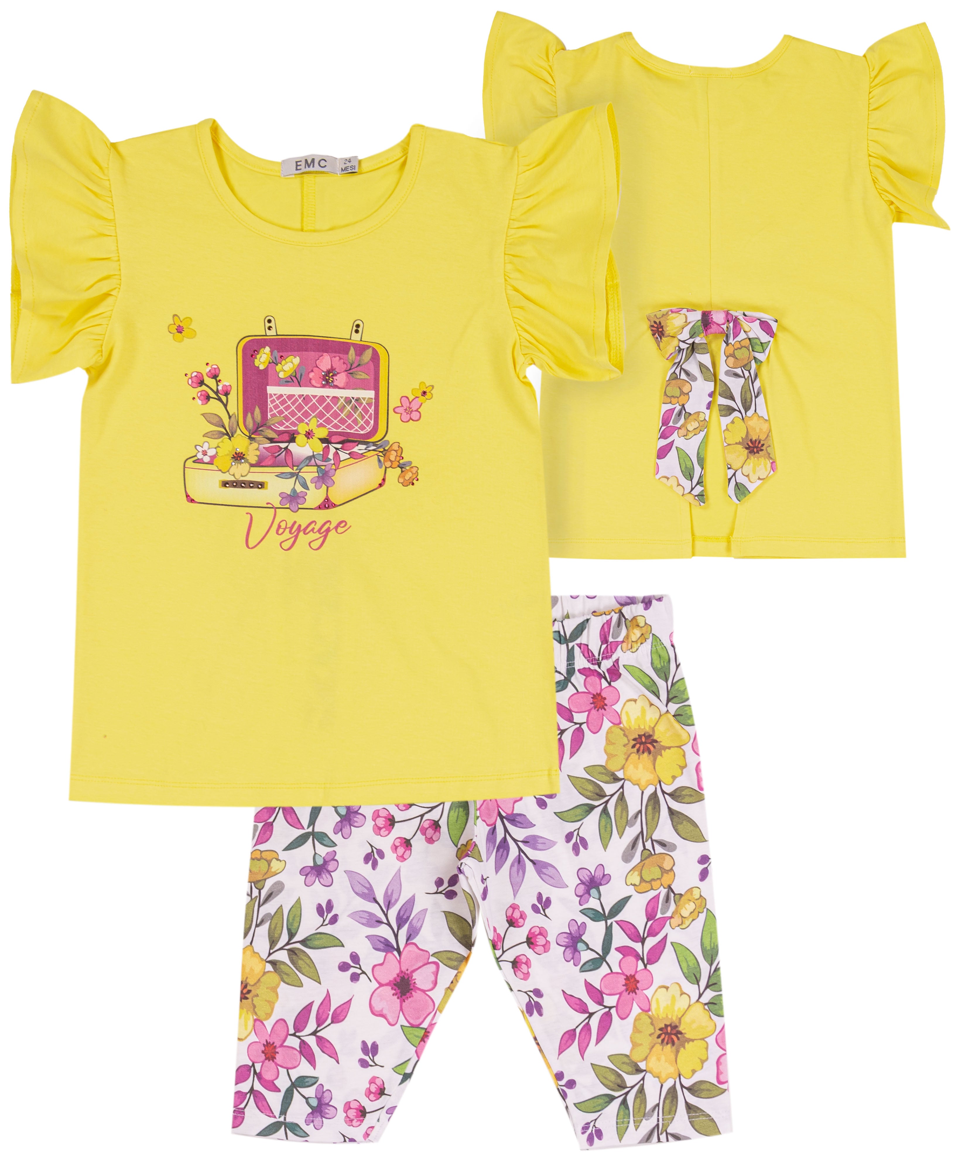 Completo Bimba Giallo e Floreale con T-shirt "Voyage" e Leggings