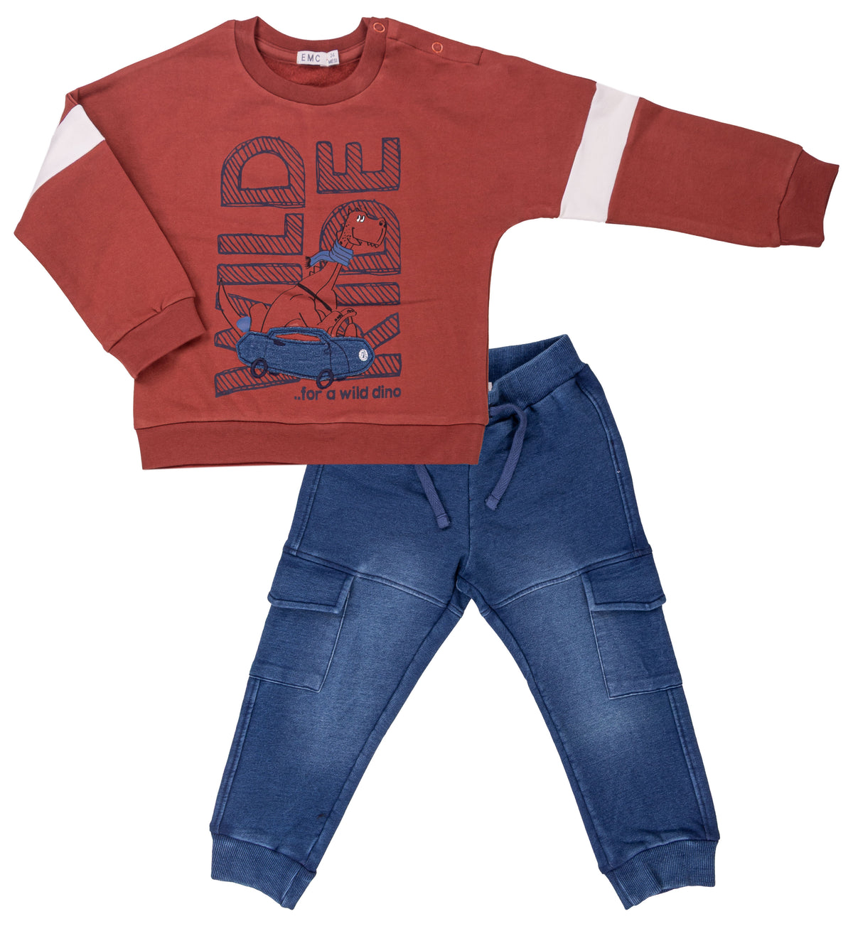 Completo Bimbo EMC Mattone con Stampa Dinosauro e Cargo Denim