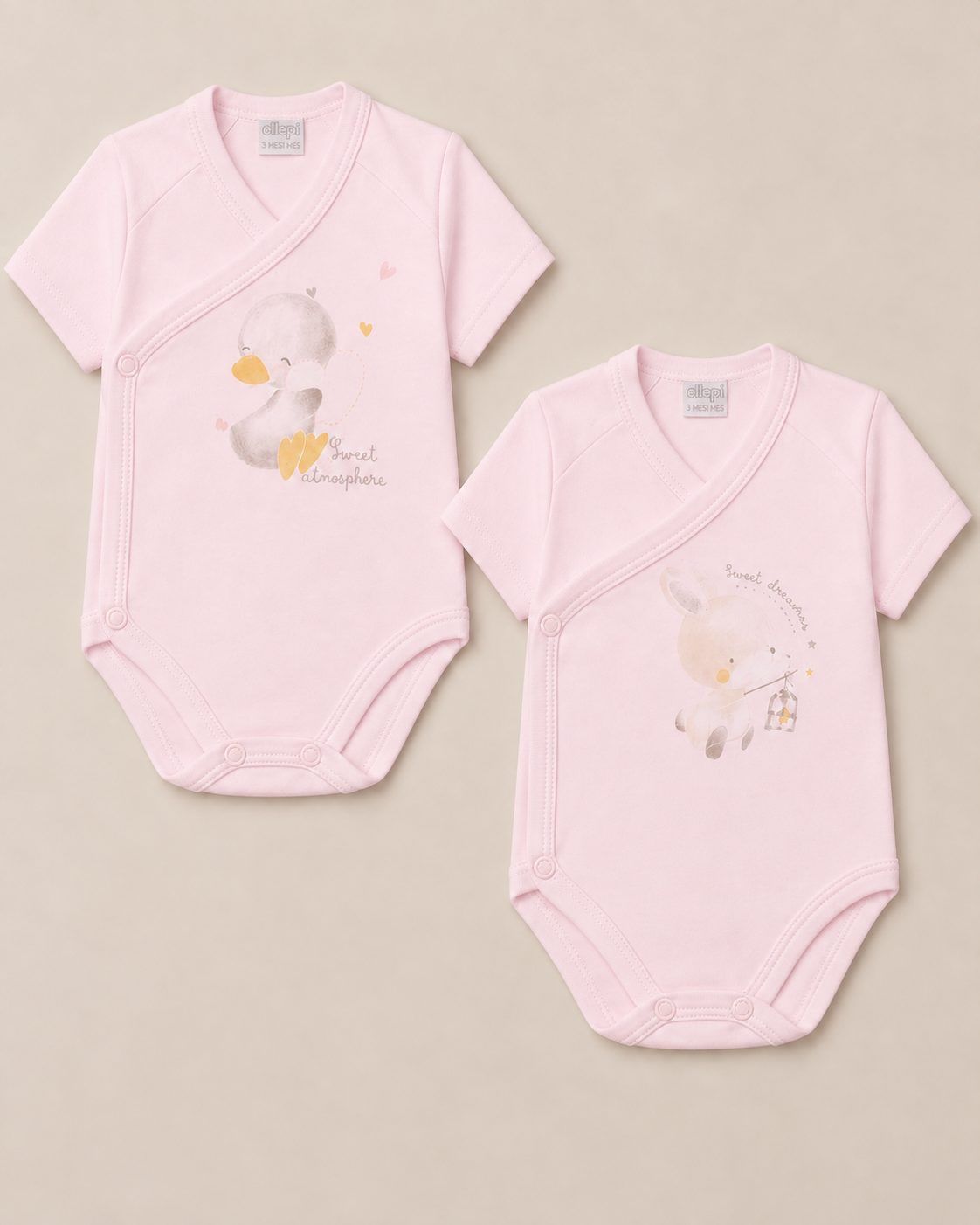 Set 2 Body Neonato Bambina in Puro Cotone con Coniglietto e Paperella