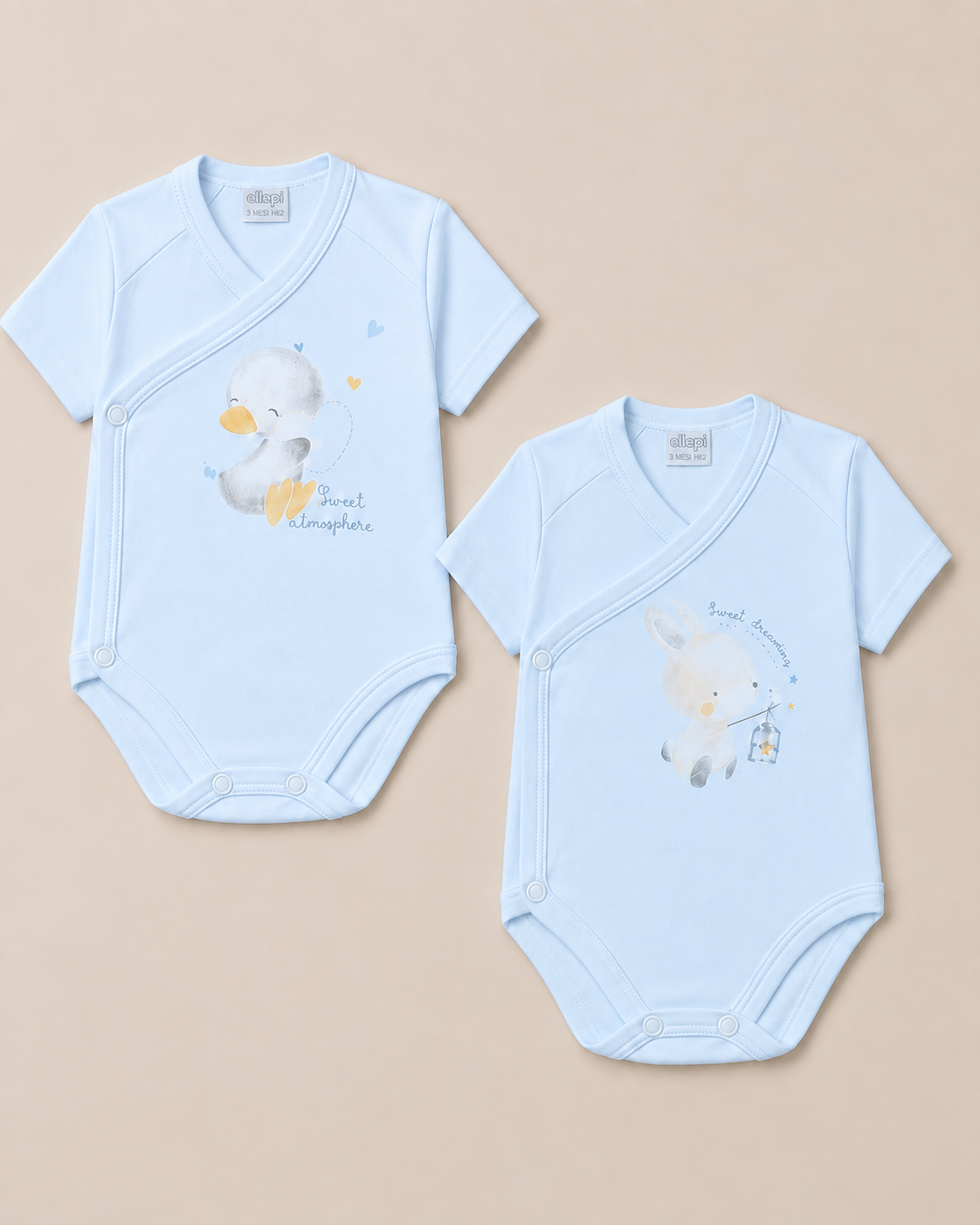 Set 2 Body Neonato Bambina in Puro Cotone con Coniglietto e Paperella