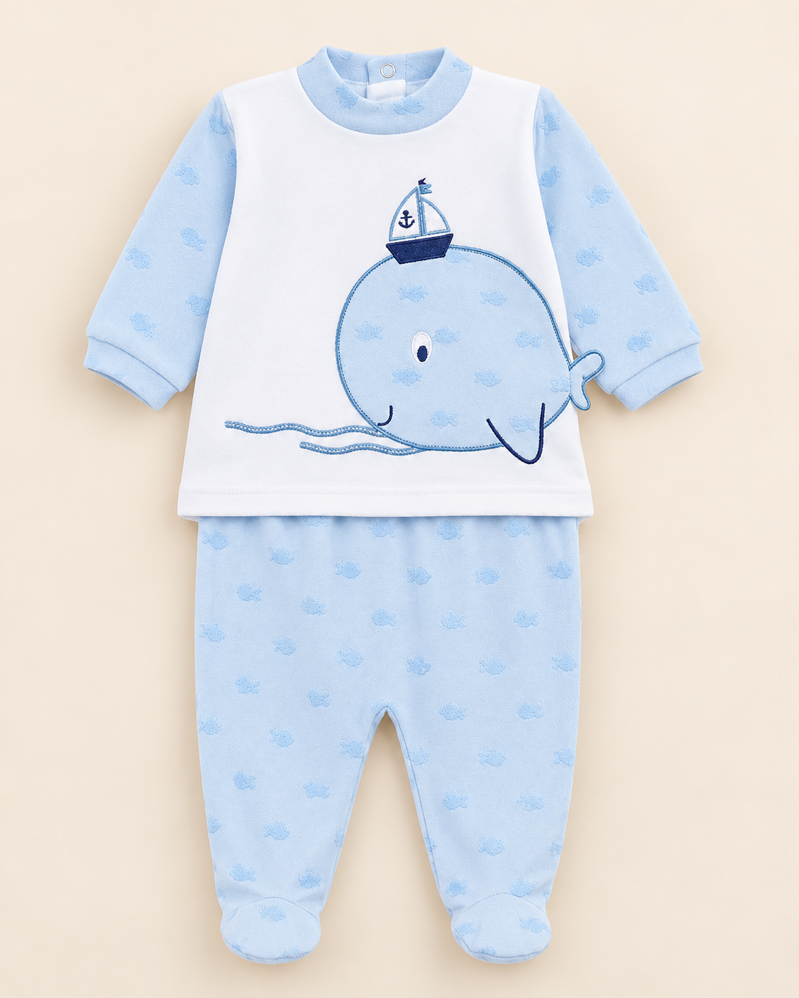 Completo Neonato Bambino in Puro Cotone con Balena e Piedini