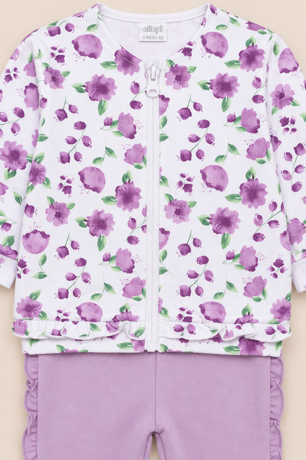 Completo Felpa Bambina in Cotone con Fiori e Volant