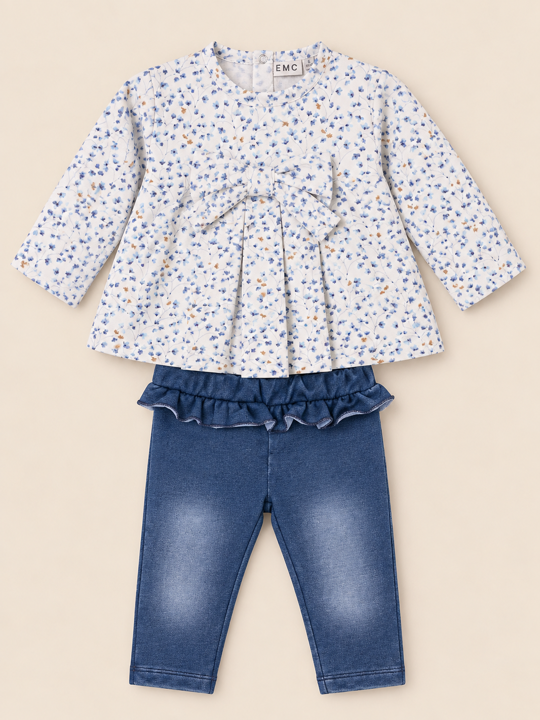 Completo Bimba EMC a Fiorellini con Leggings Effetto Denim