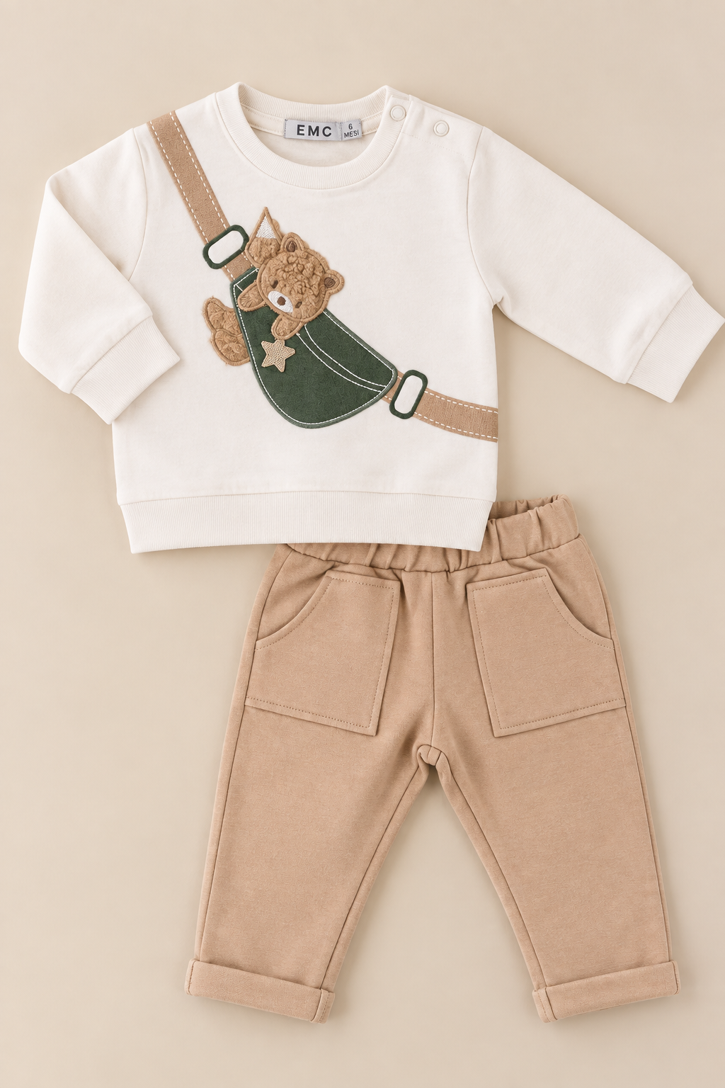 Completo Bimbo EMC Panna con Orsetto in Tracolla e Pantalone Beige