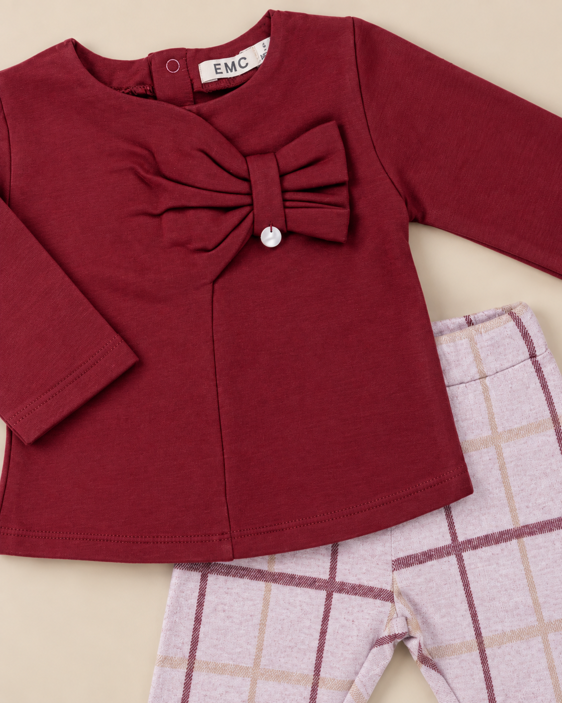 Completo Bimba EMC Bordeaux con Fiocco e Leggings a Quadri