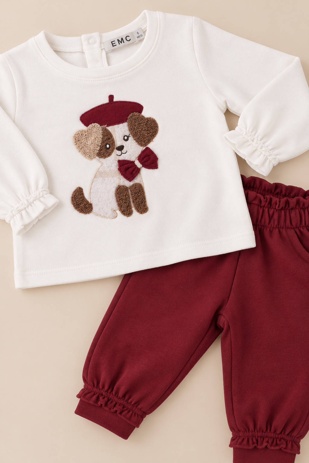 Completo Bimba EMC Panna con Cagnolino e Pantalone Bordeaux