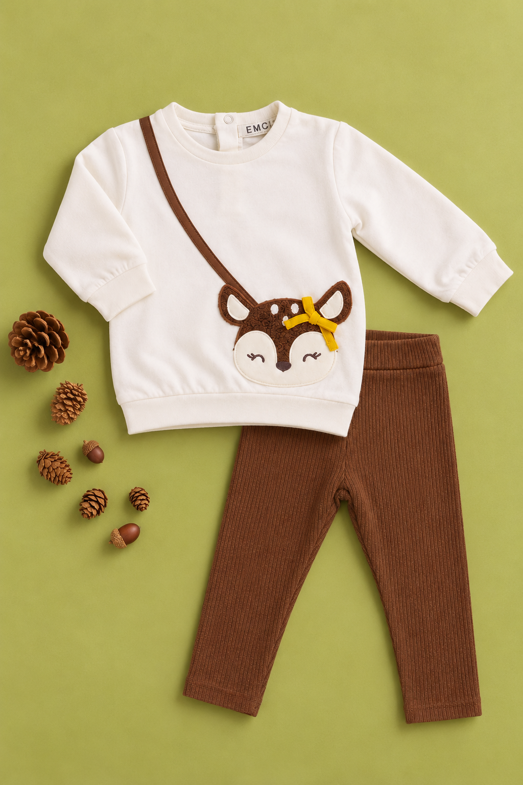 Completo Bimba EMC Panna con Applicazione Cerbiatta e Leggings Marroni