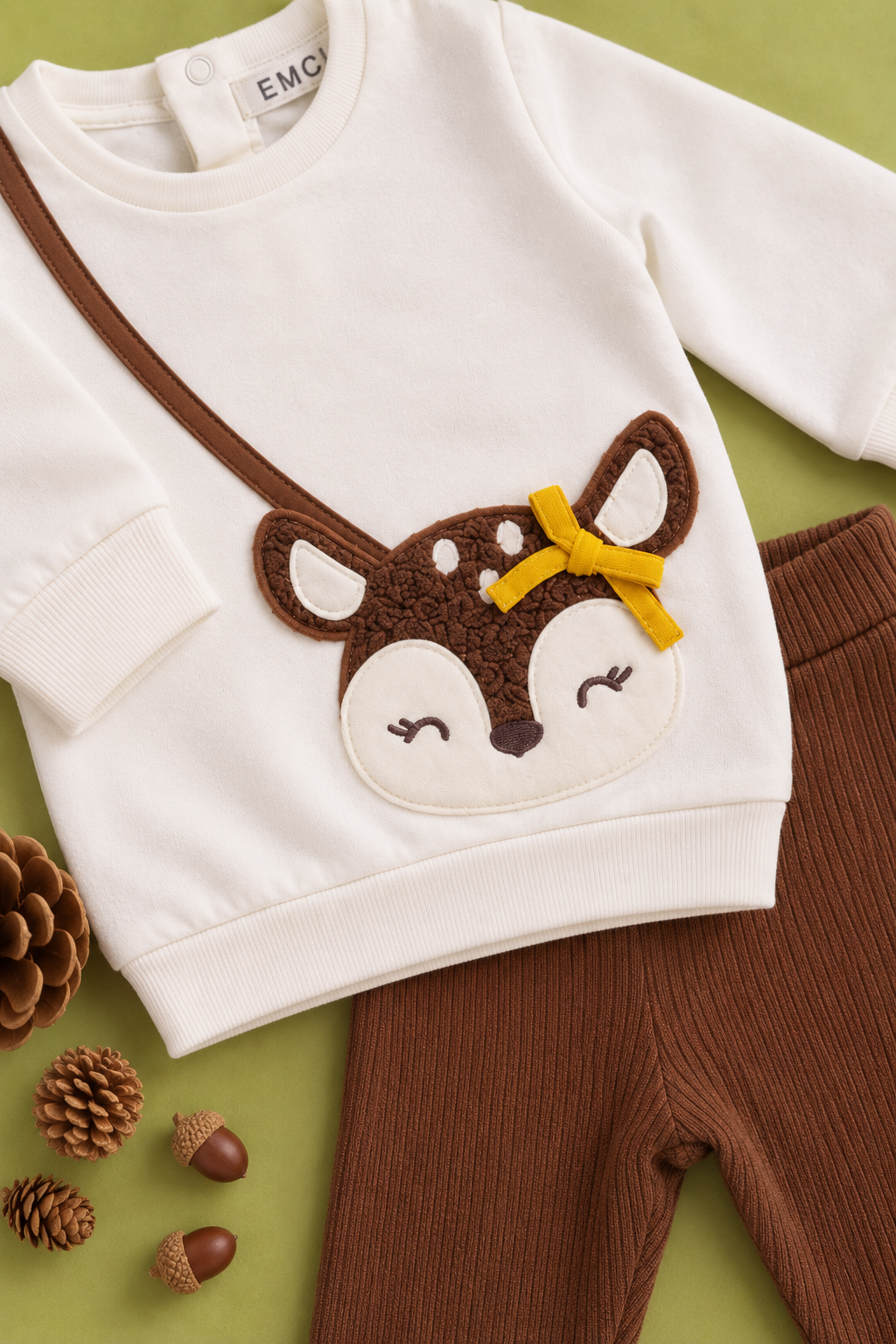 Completo Bimba EMC Panna con Applicazione Cerbiatta e Leggings Marroni
