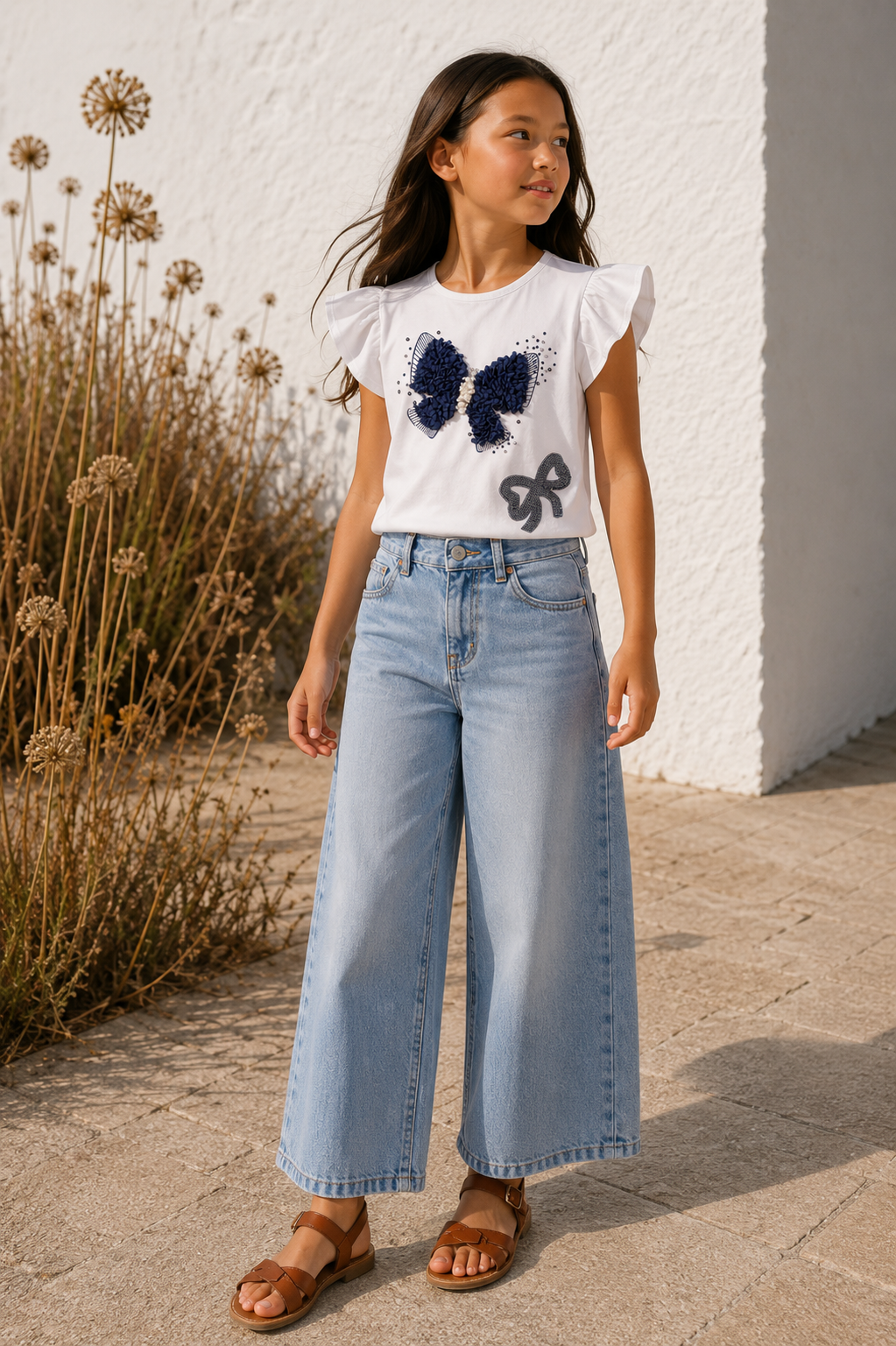 T-shirt Bimba in Cotone Bianco con Volant e Farfalla 3D