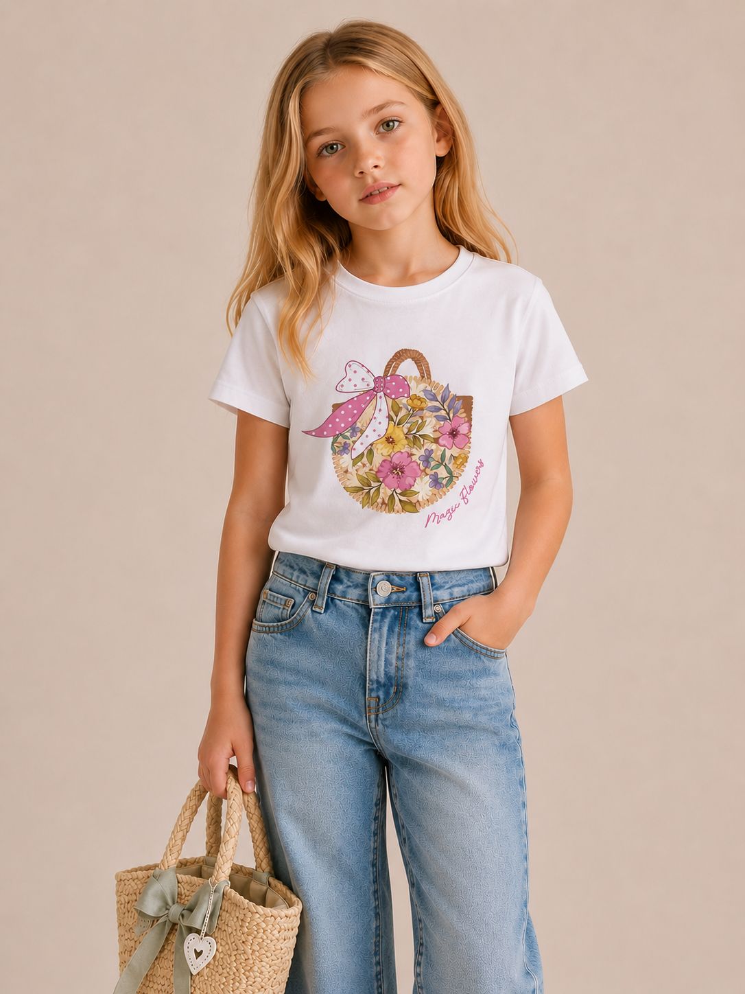 T-shirt Bambina in Cotone Elasticizzato con Stampa Cesto Floreale