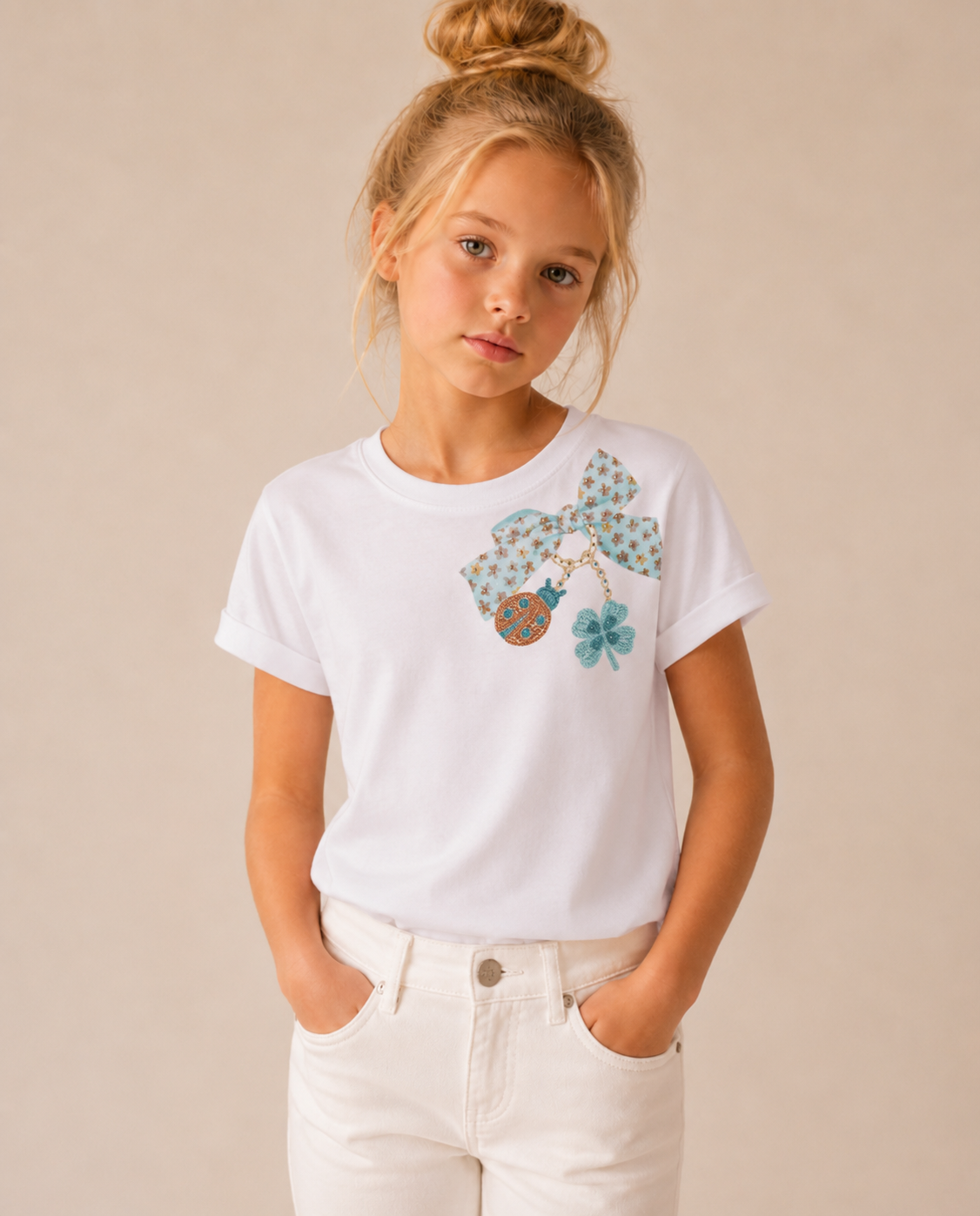 T-shirt Bambina Bianca "Good Vibes" con Ricamo Wild Life e Strass