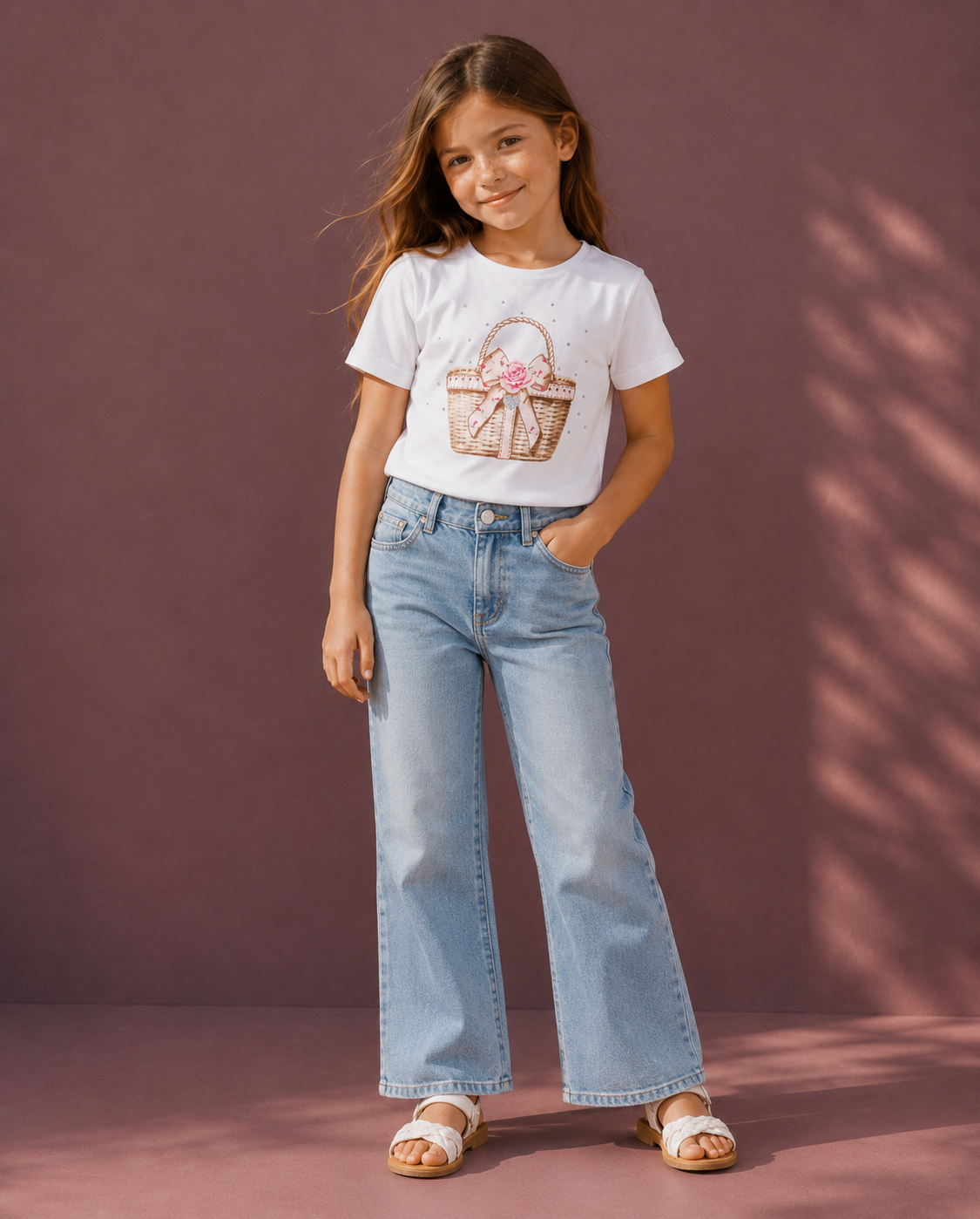 T-shirt Bambina in Cotone Elasticizzato con Stampa Cestino