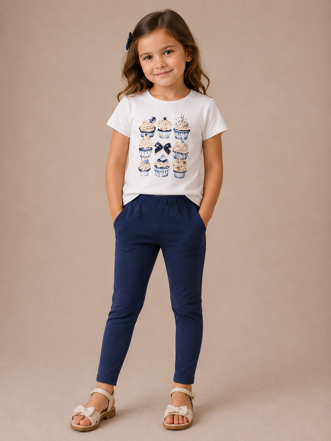 Completo Bimba Bianco e Navy con T-shirt Cupcake e Leggings