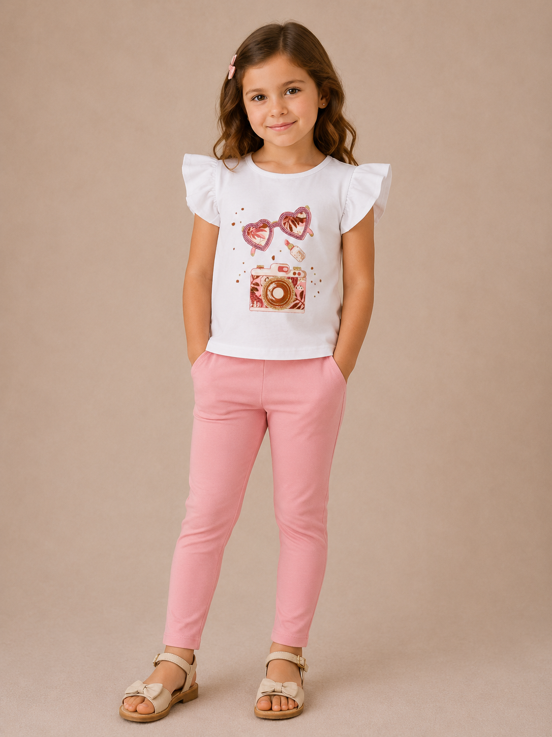 Completo Bimba Bianco e Rosa con T-shirt "Glamour" e Leggings