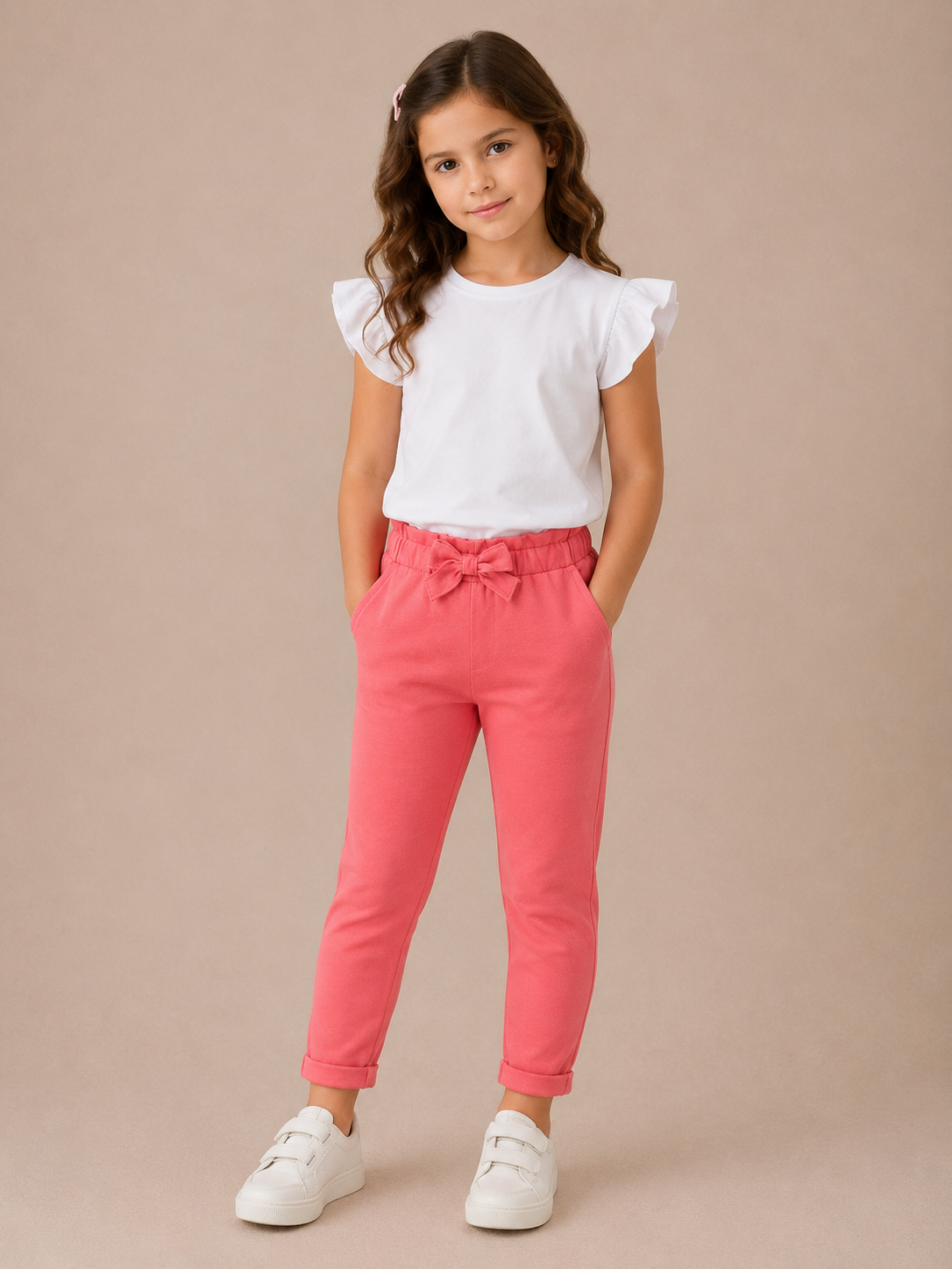 Pantalone Lungo Bimba Fucsia in Cotone con Fiocco in Vita