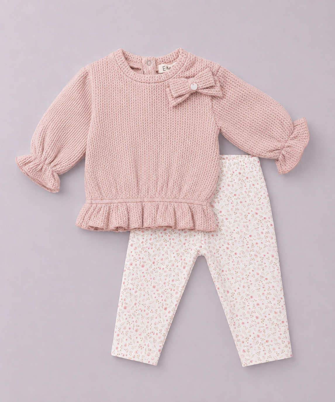 Completo Bimba Rosa in Maglia con Fiocco e Leggings Floreali