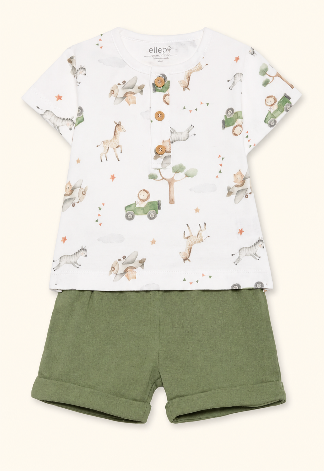 Completo Bambino T-Shirt e Pantaloncino in Cotone, Bianco/Verde e Bianco/Beige