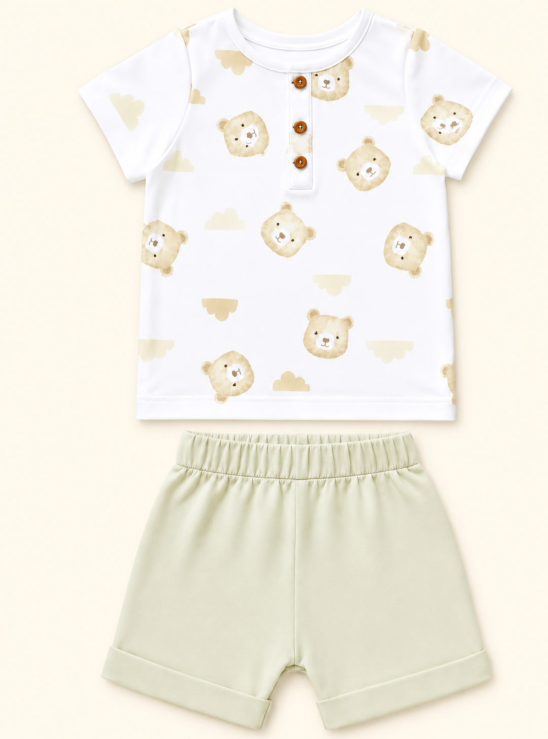 Completo Bambino T-Shirt e Pantaloncino in Cotone, Bianco/Verde e Bianco/Beige
