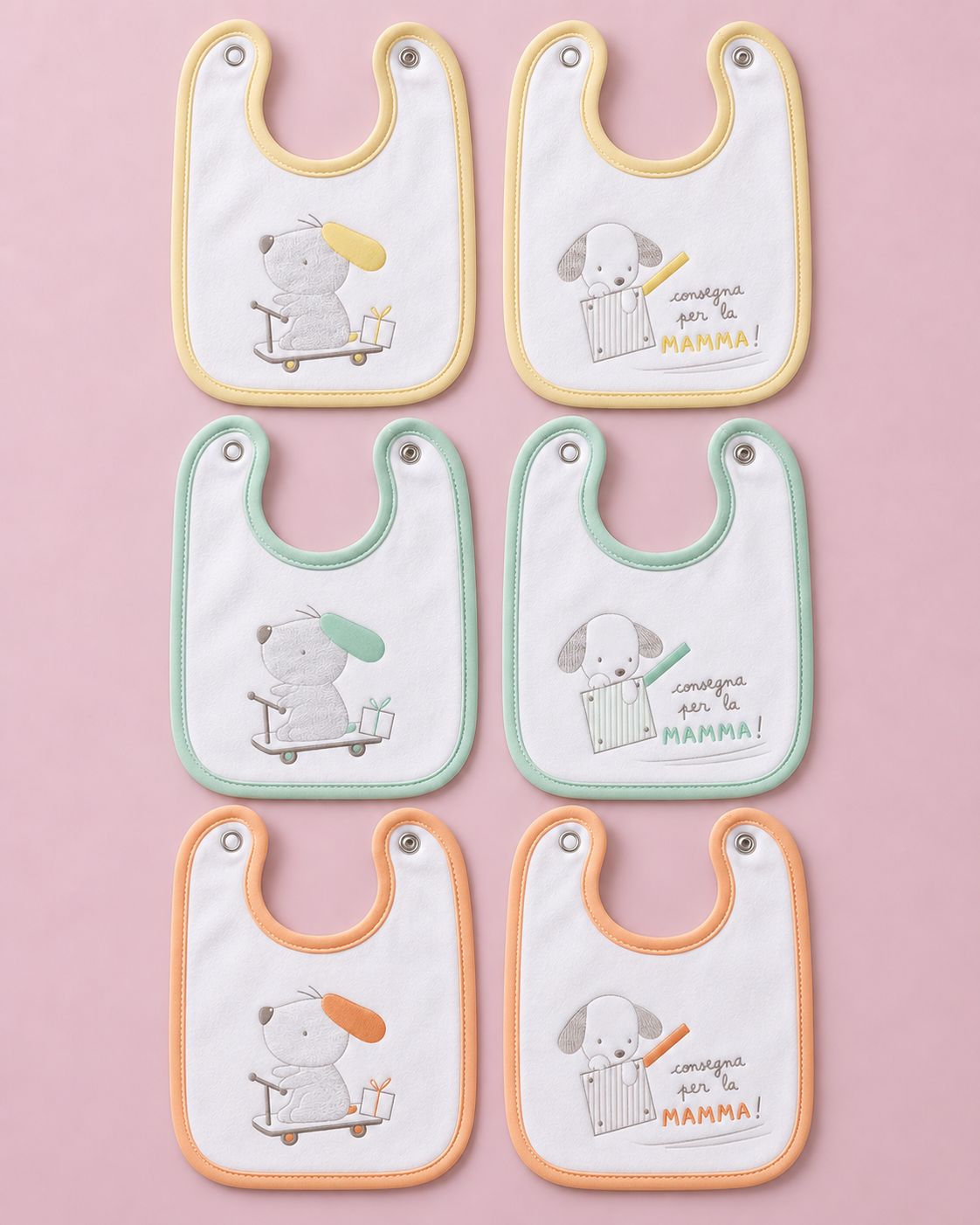 Set da 6 Bavaglini in Ciniglia Cagnolino Fantasie Assortite