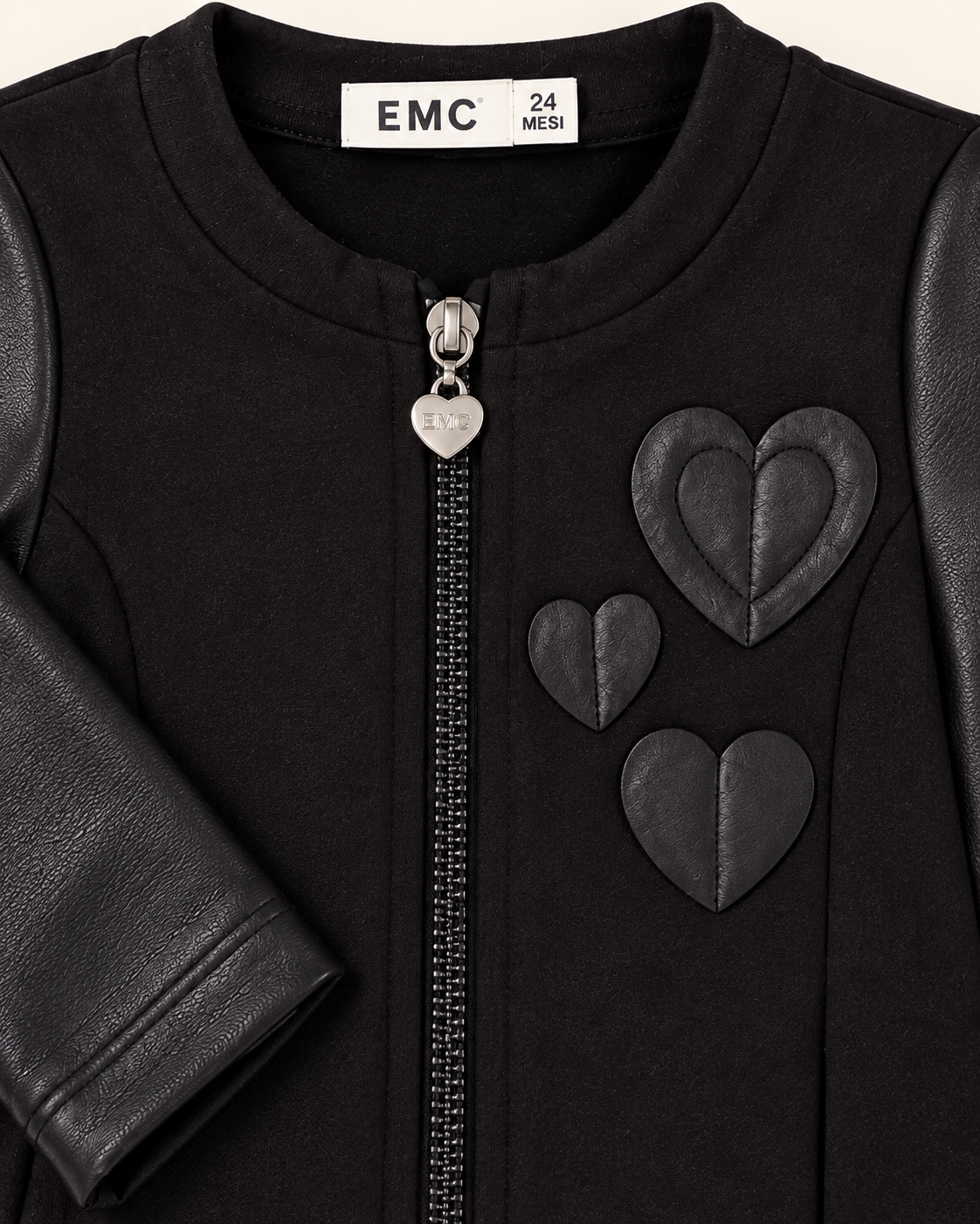 Giacca Bimba EMC Nera con Maniche in Ecopelle e Cuori