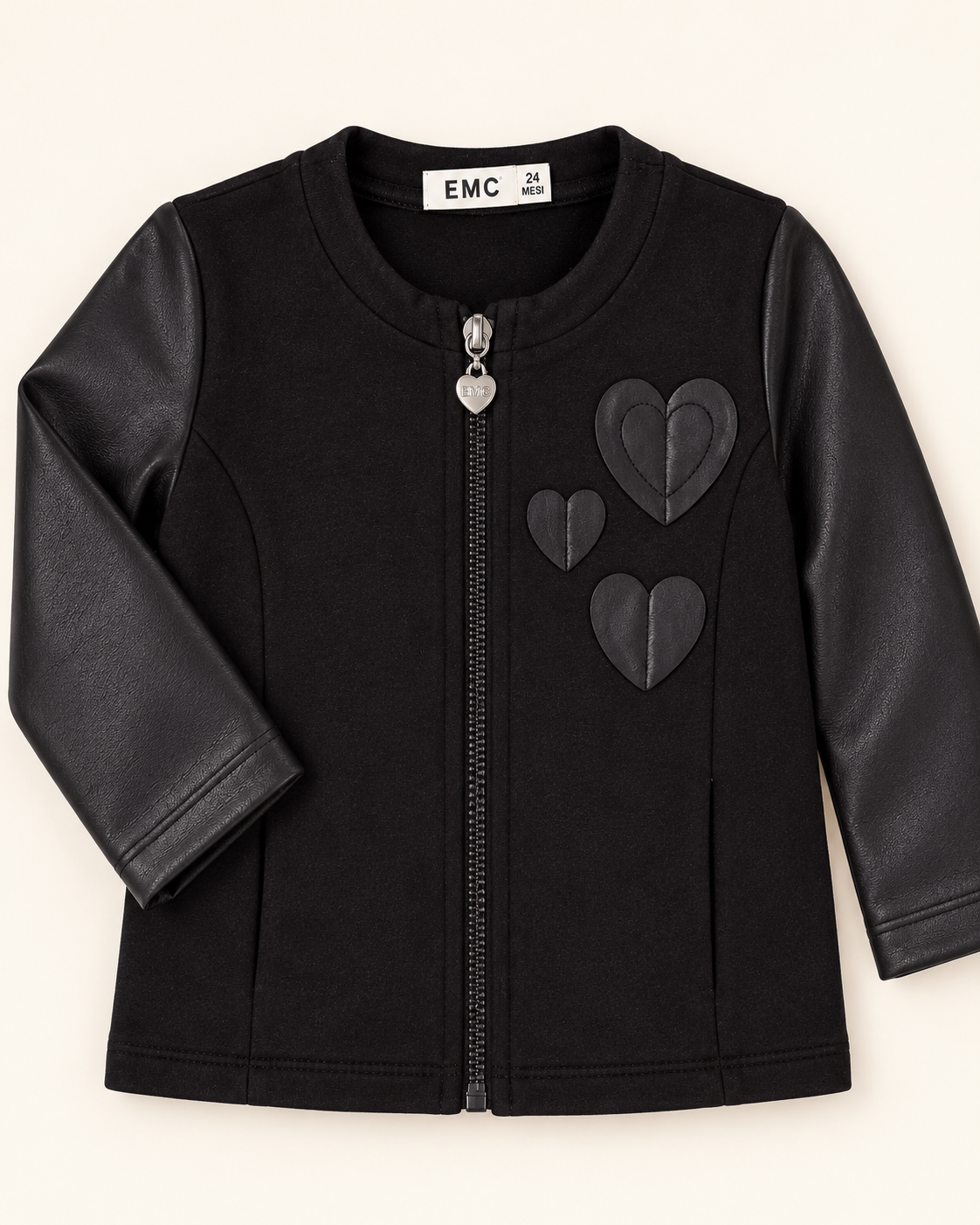 Giacca Bimba EMC Nera con Maniche in Ecopelle e Cuori