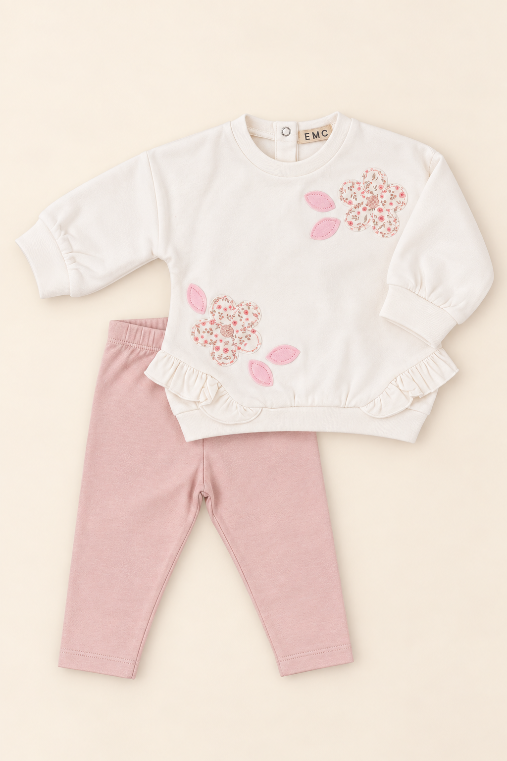 Completo Bimba con Applicazioni Fiori e Leggings Rosa