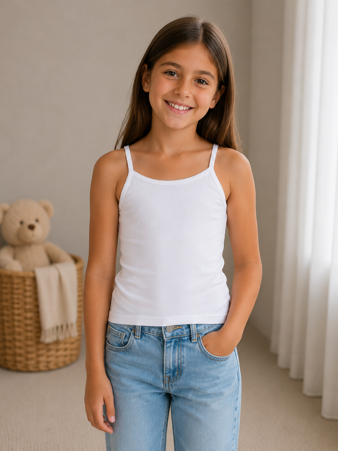 Set 3 Canotte Bambina in Costina di Cotone con Bretelle Sottili