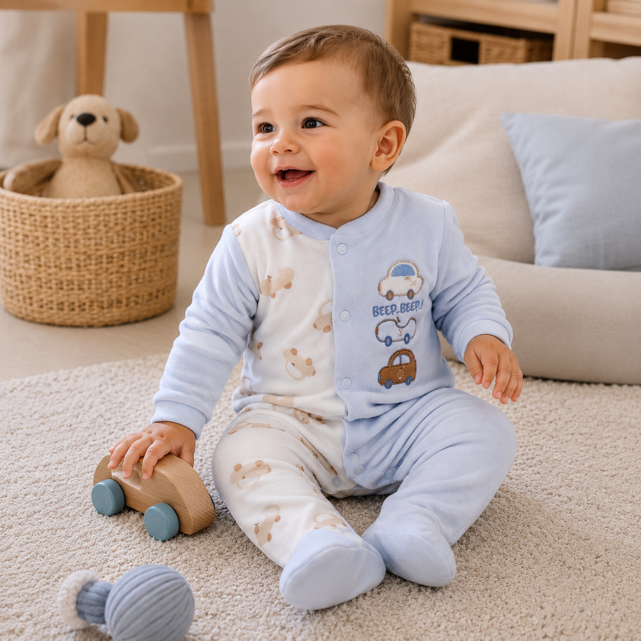 Tutina Neonato in Interlock di Cotone con Piedini e Fantasia Macchinine