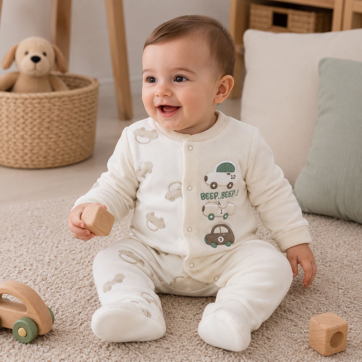 Tutina Neonato in Interlock di Cotone con Piedini e Fantasia Macchinine